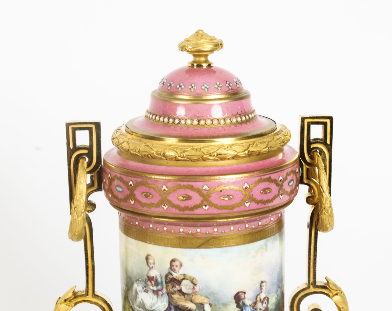 photo buy Antique Pair French Ormolu Mounted Pink Sevres Lidded Vases 19th C