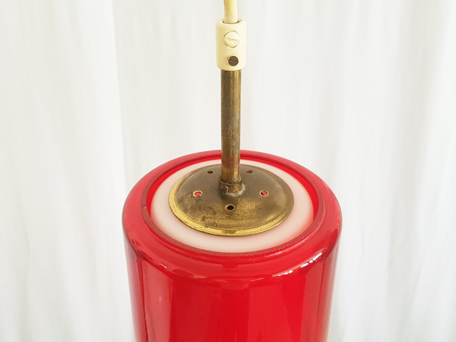 Brass & White, Azure And Red Glass Shades Pendant Lamps 1950s Set Of 2 photo vinterior