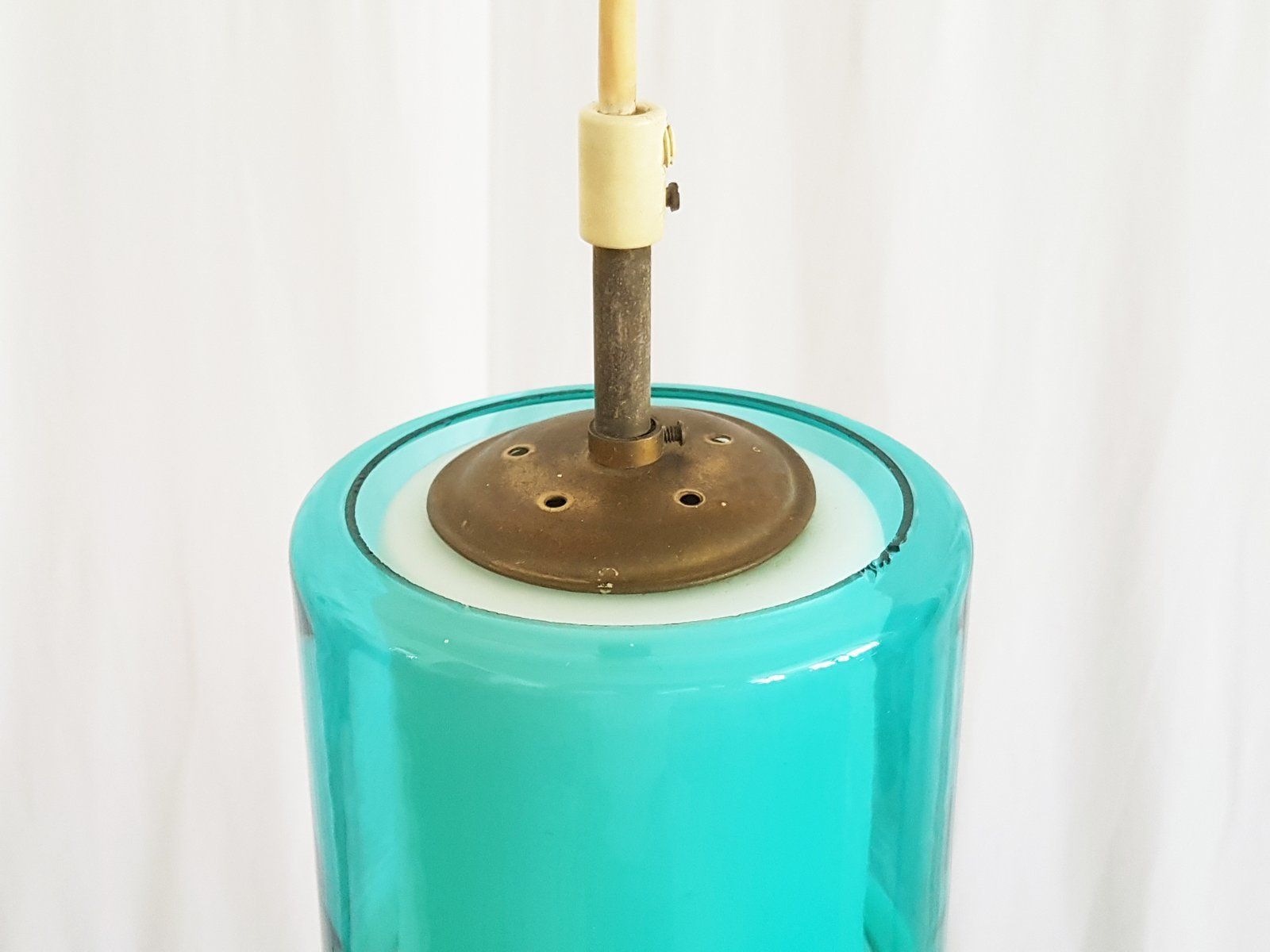 Brass & White, Azure And Red Glass Shades Pendant Lamps 1950s Set Of 2 photo vintage