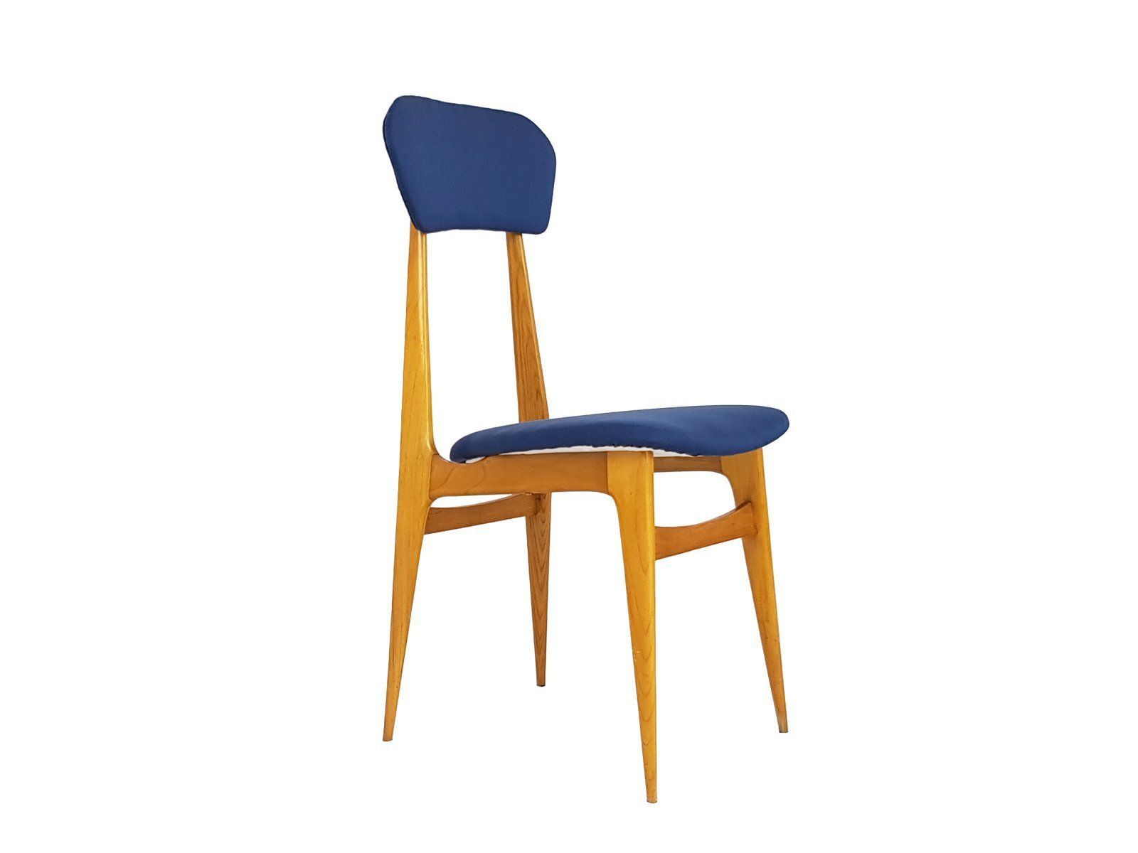 Mid Century Italian Wooden & Blue Fabric Chair