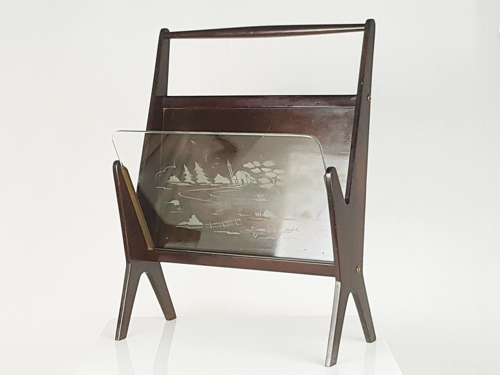 Italian Stained Plywood And Decorated Glass Magazine Rack 1950s photo for sale