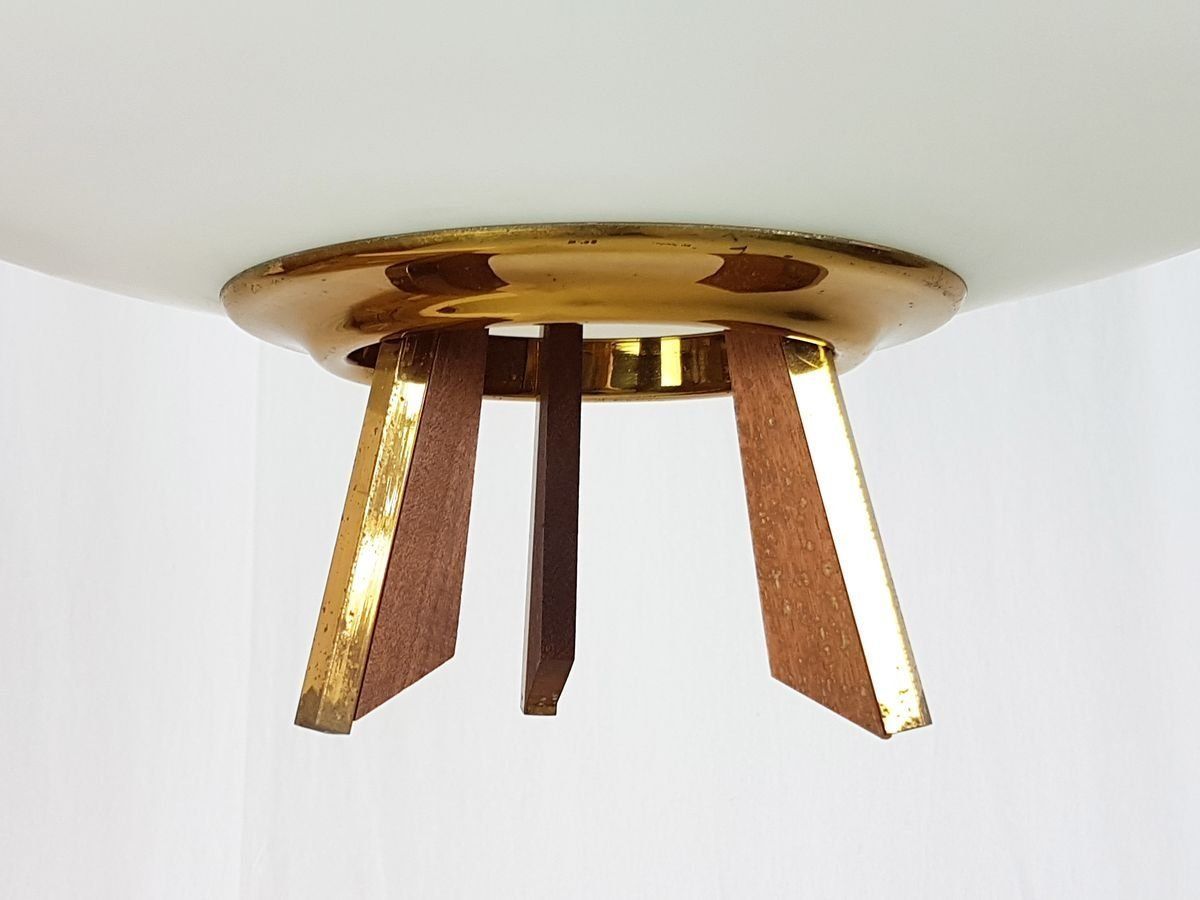 Vintage Italian Teak Brass And Opaline Glass Pendant Lamp  1960s photo for sale