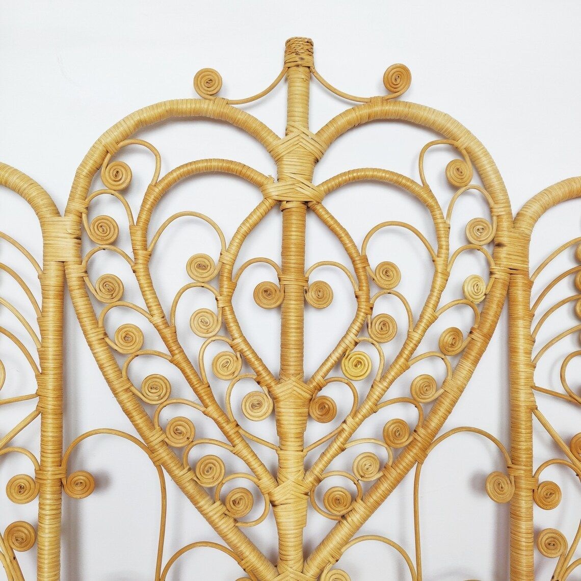 Vintage Peacock Bamboo Rattan Wicker Single Headboard, Mid Century Tiki Boho Bedroom photo Furniture
