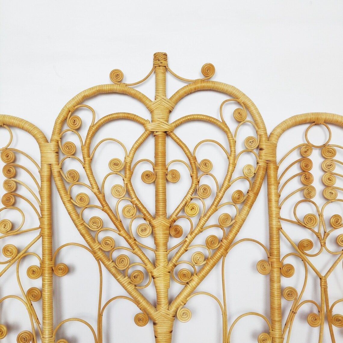 Vintage Peacock Bamboo Rattan Wicker Single Headboard, Mid Century Tiki Boho Bedroom photo 375.0