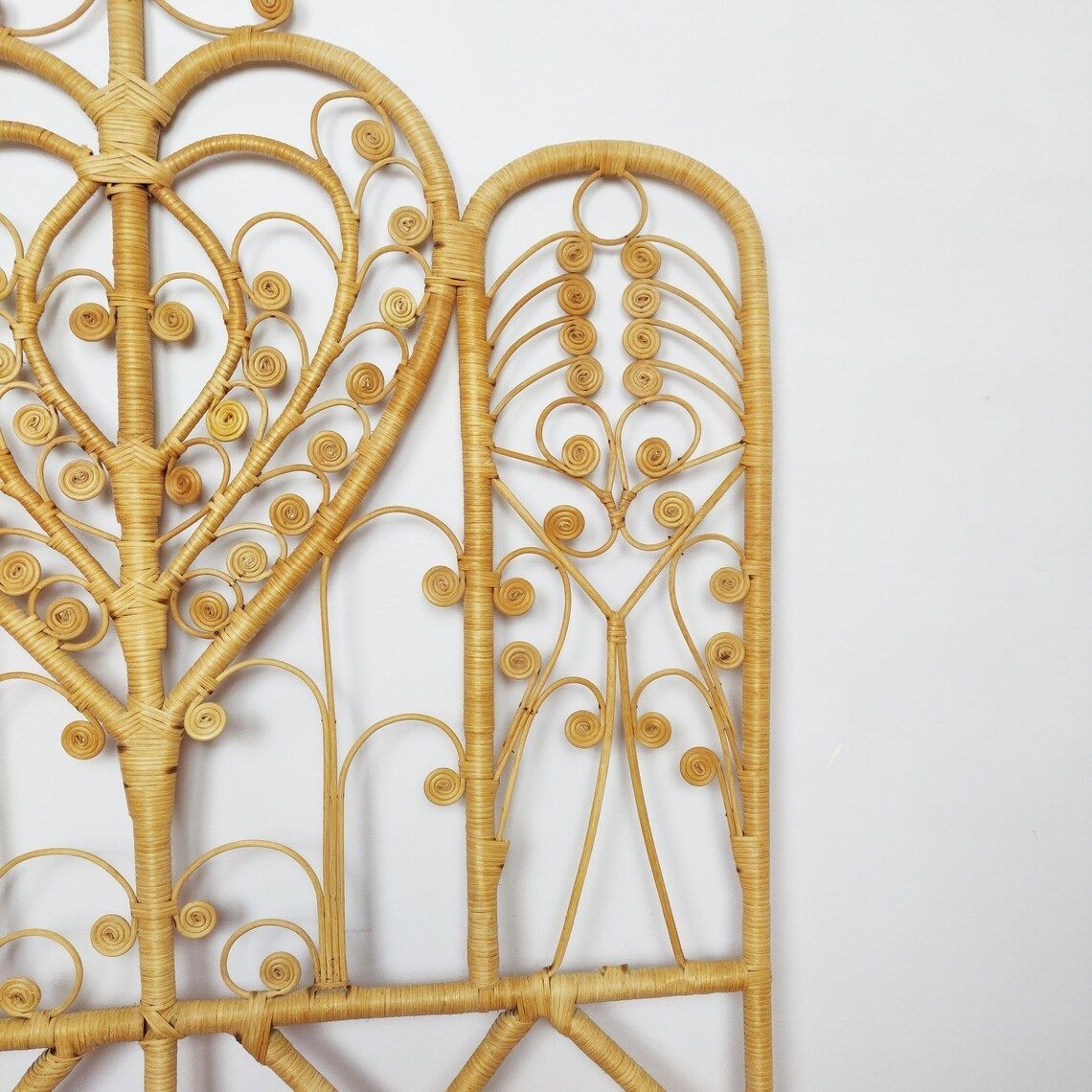 Vintage Peacock Bamboo Rattan Wicker Single Headboard, Mid Century Tiki Boho Bedroom photo vintage