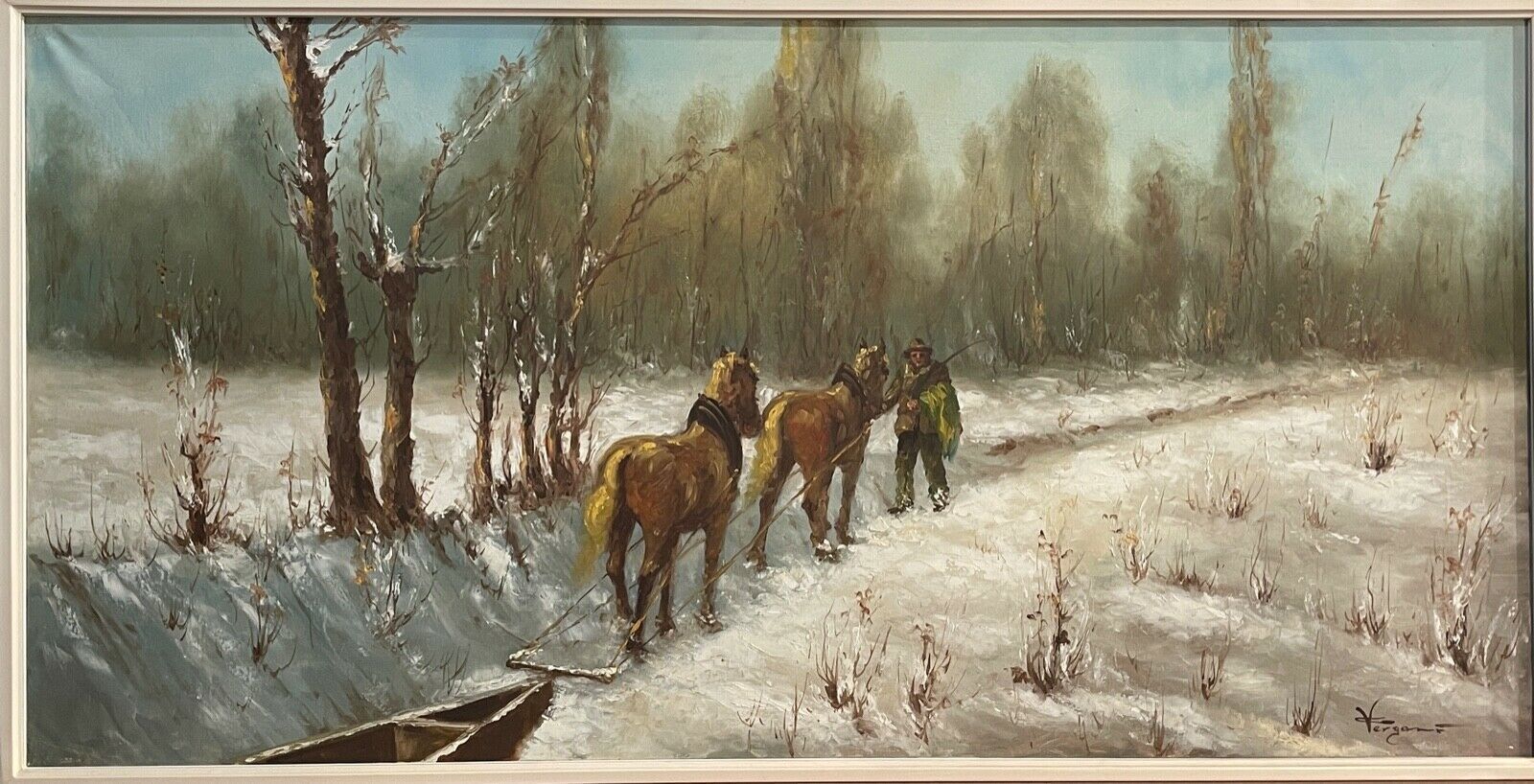 Painting Oil On Canvas XX, "Snowfall At The Park", Signed C. Vergani