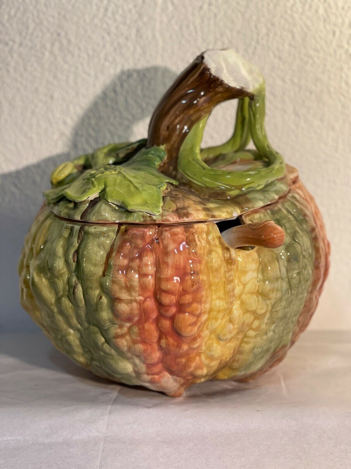 Tureen Rustic Vintage, Ceramic Handpainted, Pumpkin Shaped With Veil