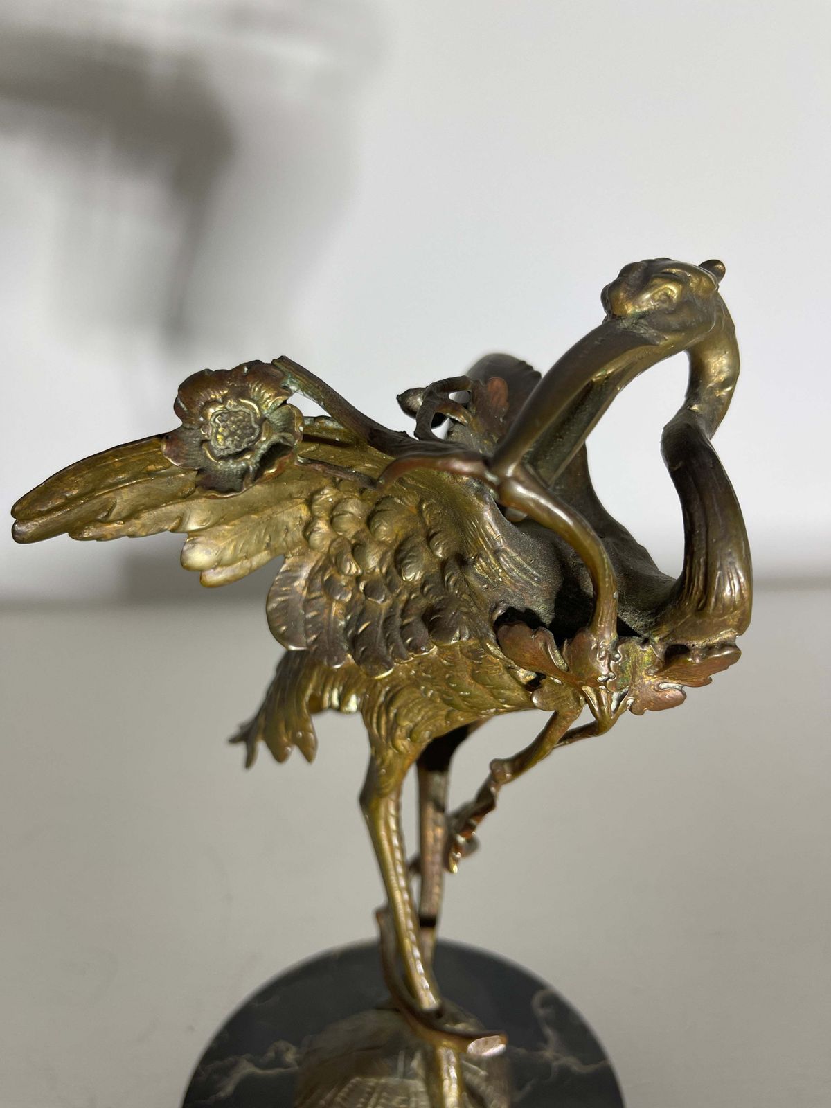 Exceptional Antique Gilt Bronze Bronze Sculpture Of A Crane Sat Atop A Turtle On Marble Plinth Circa 1890
