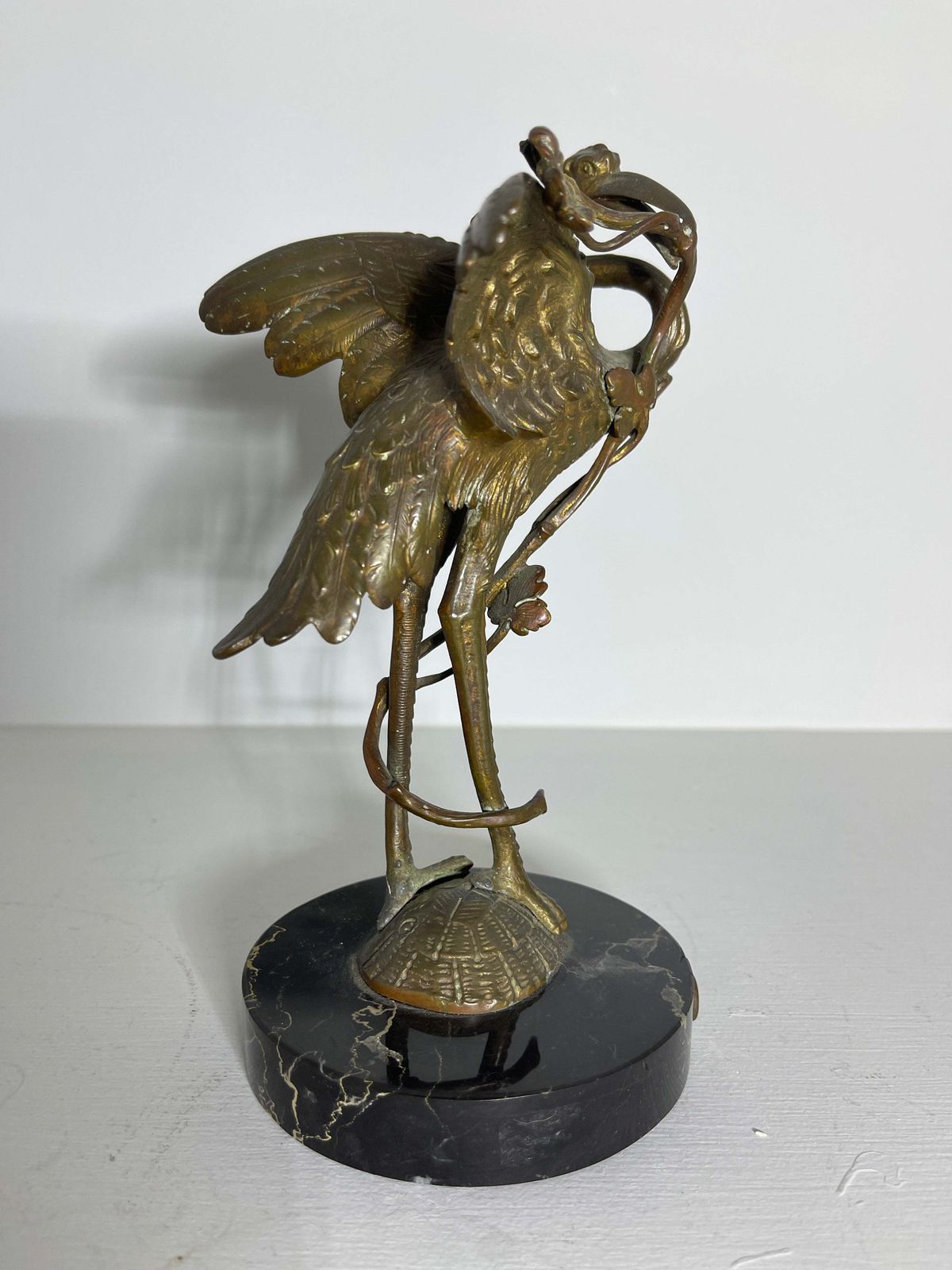 Exceptional Antique Gilt Bronze Bronze Sculpture Of A Crane Sat Atop A Turtle On Marble Plinth Circa 1890 photo vintage