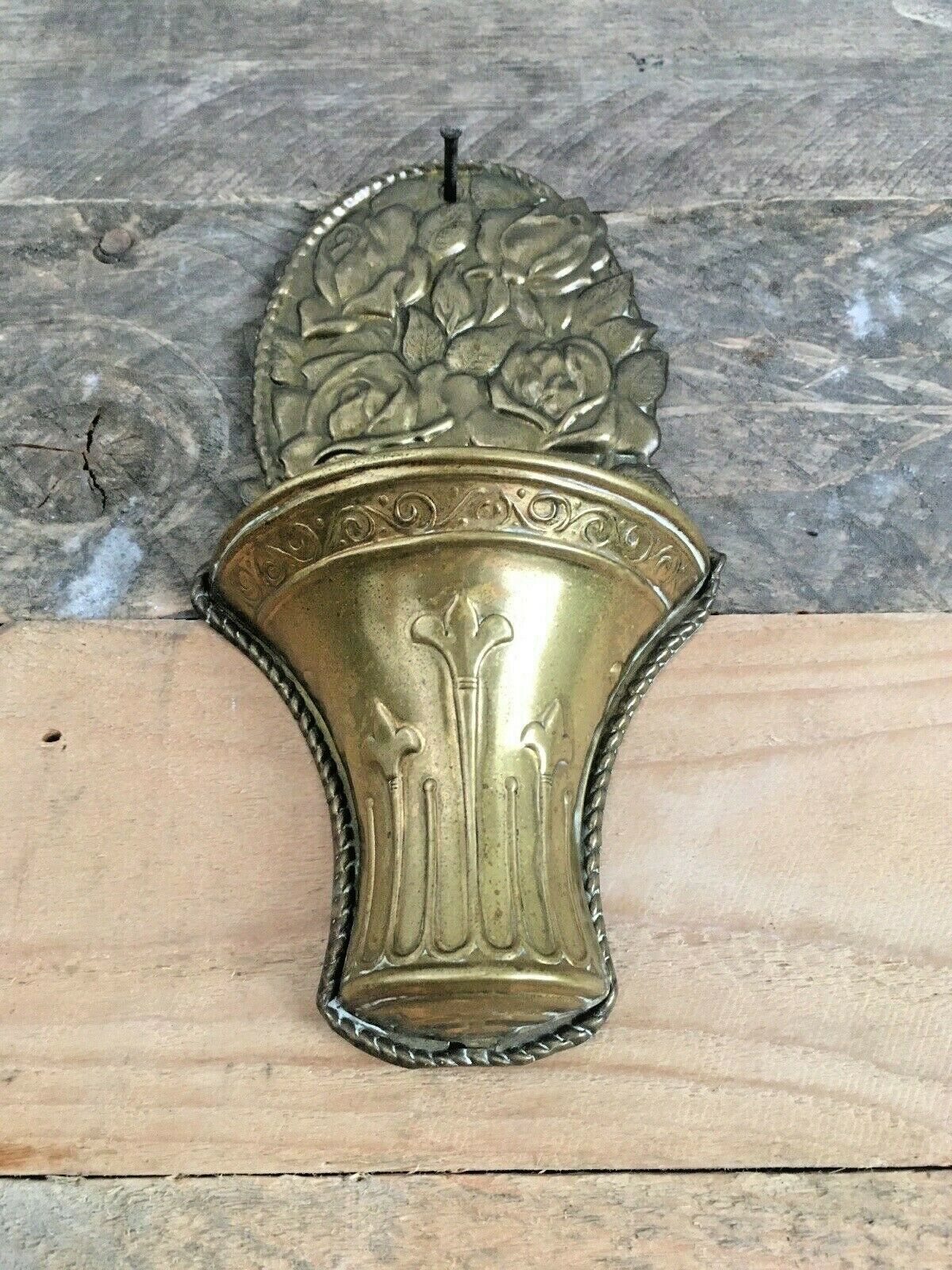Fine Antique English Brass Repousse Work Wall Pocket Spill Vase Holder Rose 1052 photo Home Decor