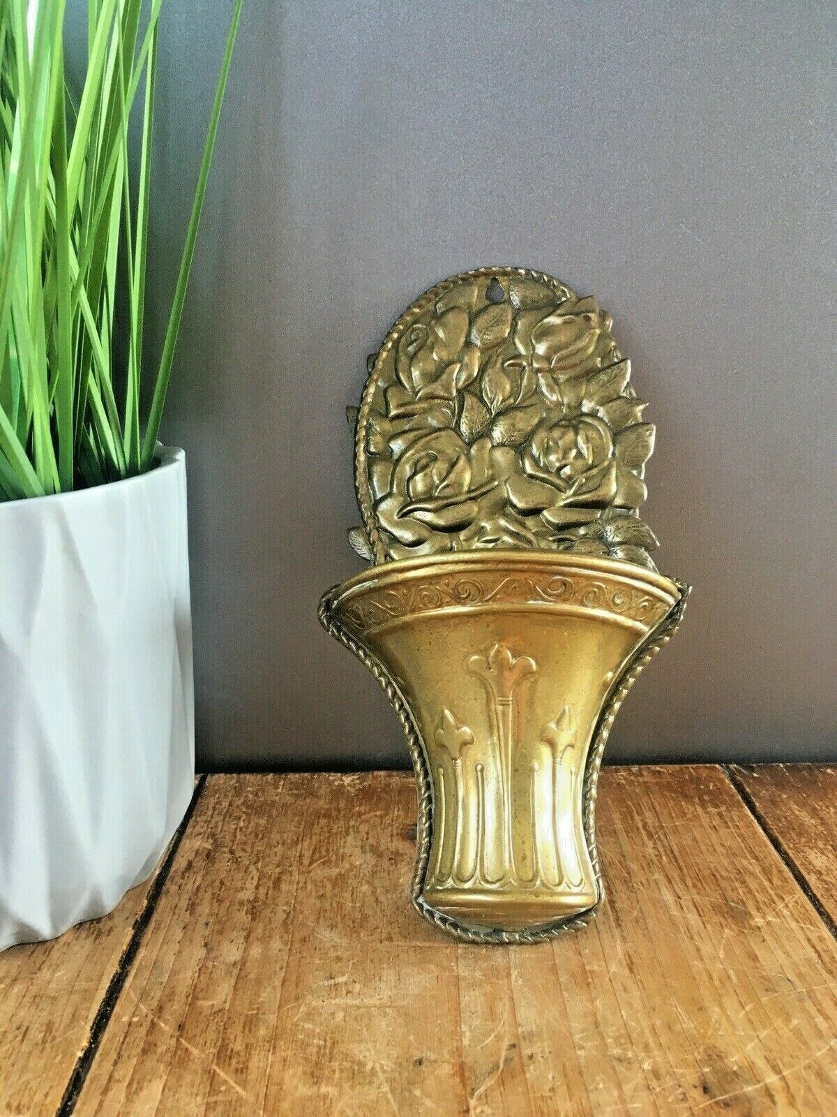 Fine Antique English Brass Repousse Work Wall Pocket Spill Vase Holder Rose 1052 photo buy