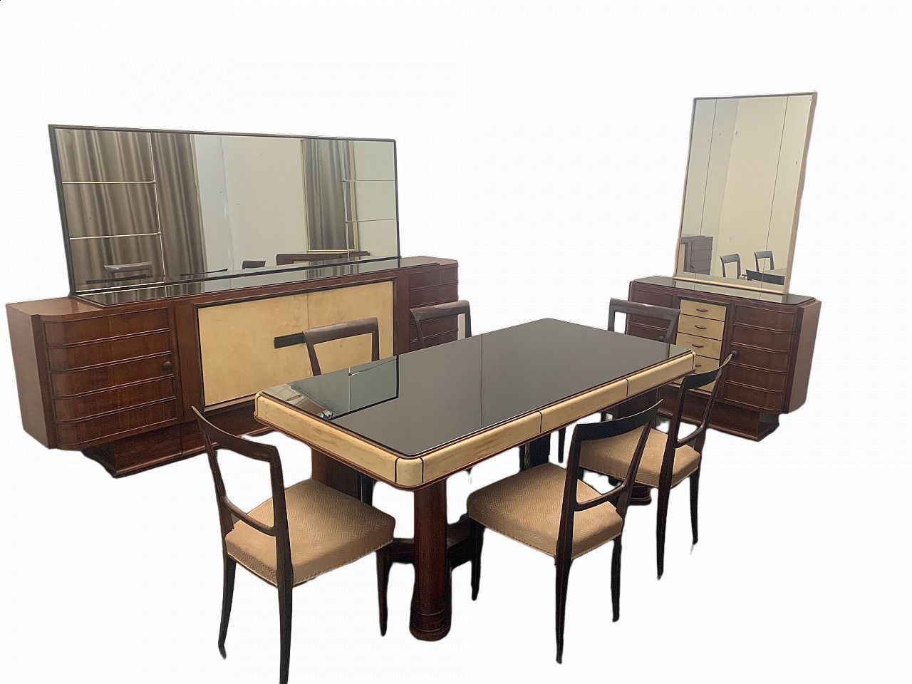 Art Deco Dining Set In Rosewood And Parchment, 1930s