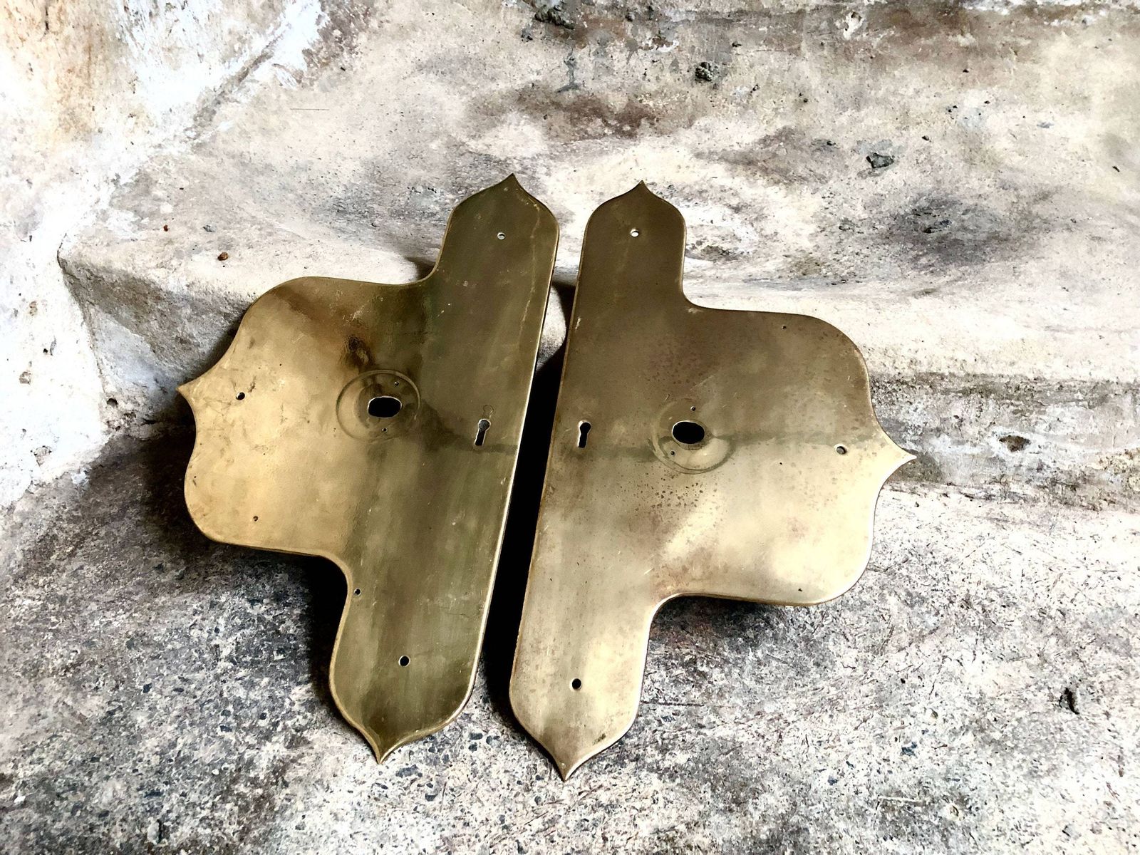 Pair Of Antique Large Church Door Brass Push Finger Handle Plates photo Home Decor