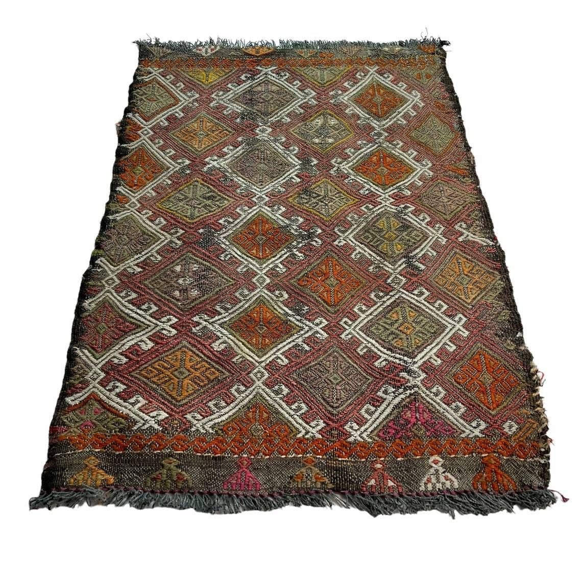 Traditional Turkish Mini Kilim Rug ,Vintage Anatolian Turkish Kelim 72 X 51 Cm