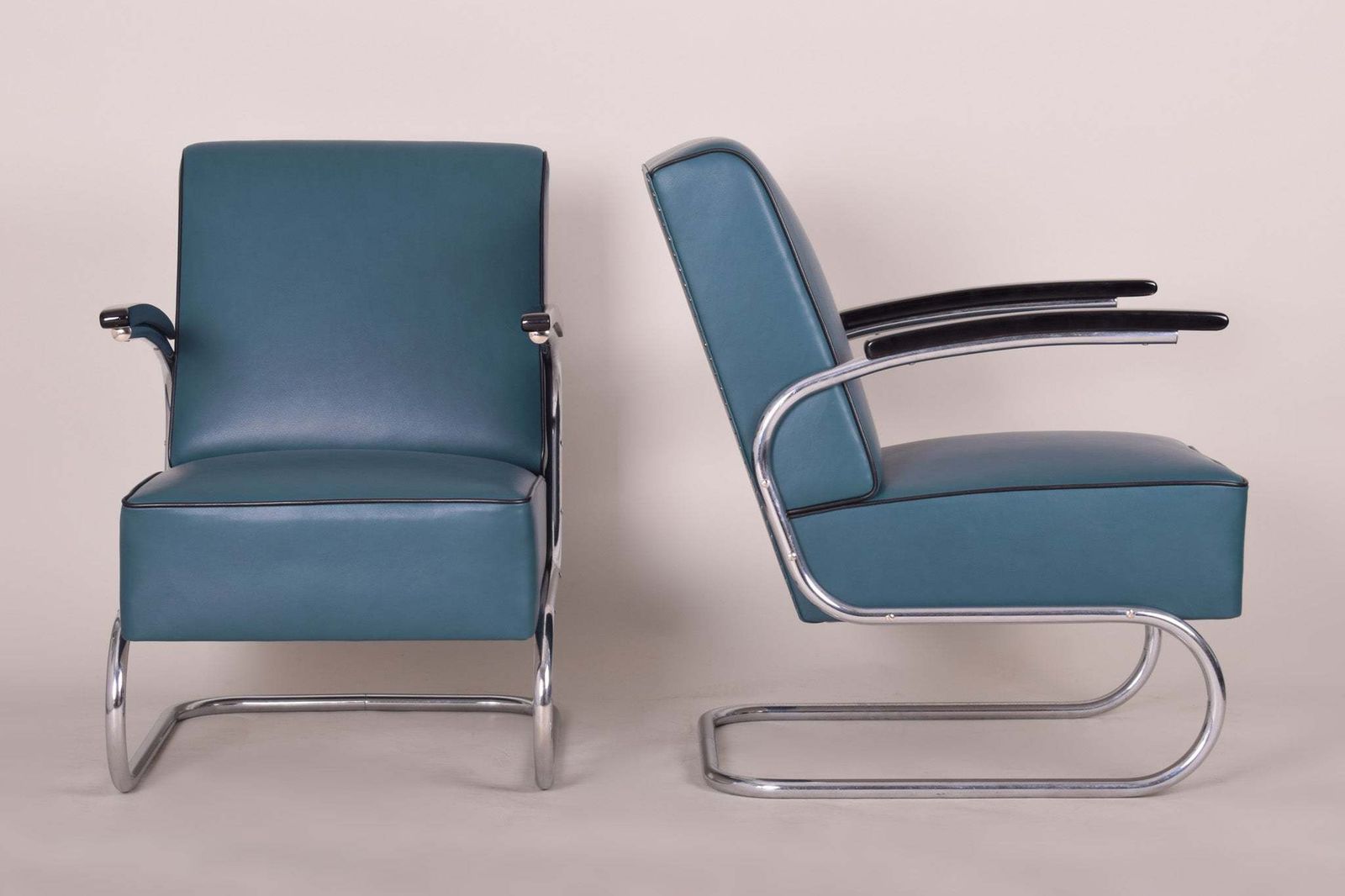 Pair Of Blue Leather Mucke Melder Armchairs Made In 1930s Czechia. photo 2557.0