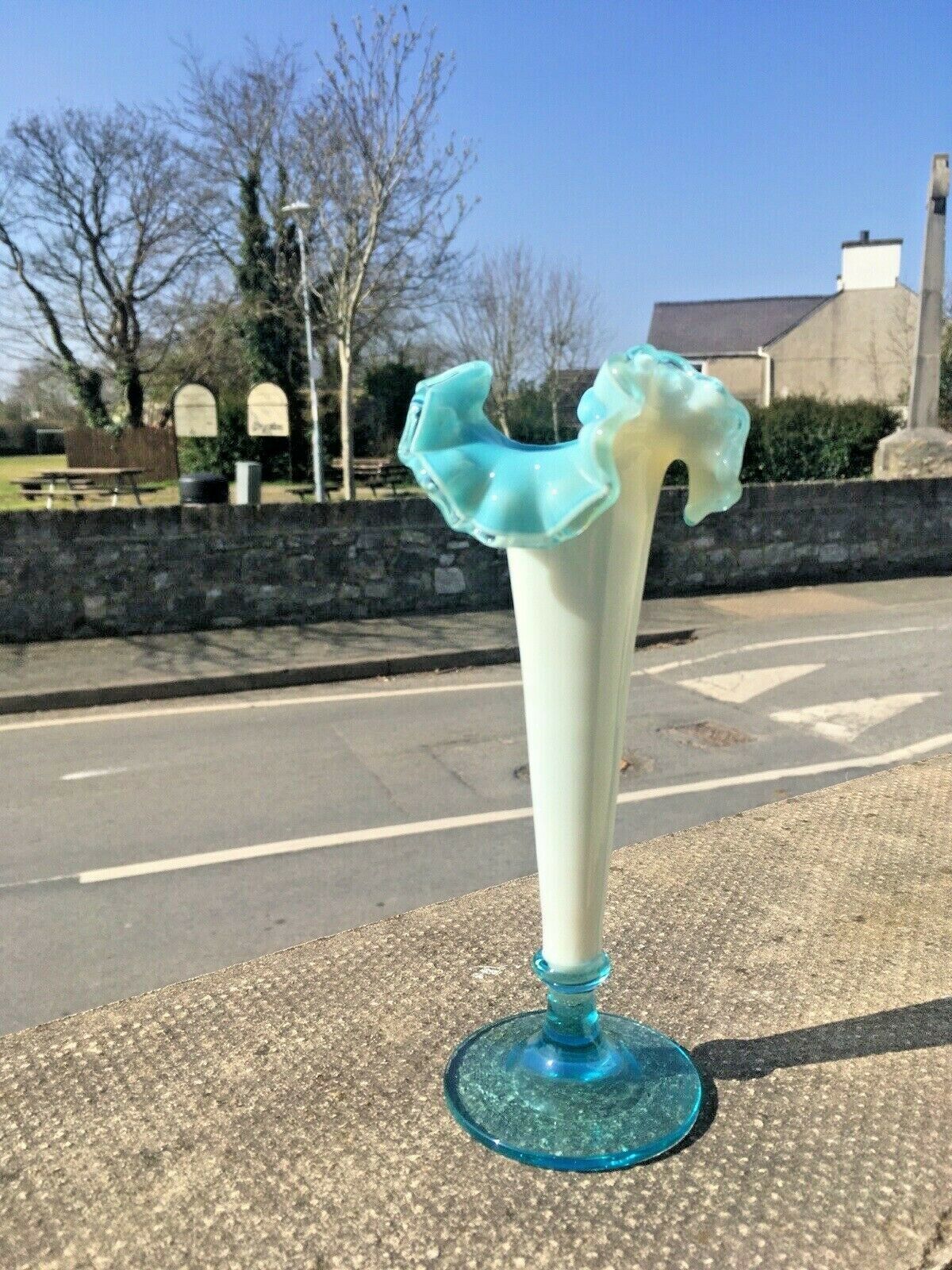 Antique 19th C Victorian Blue Milk Vaseline Glass Opalescent Ruffled Bud Vase