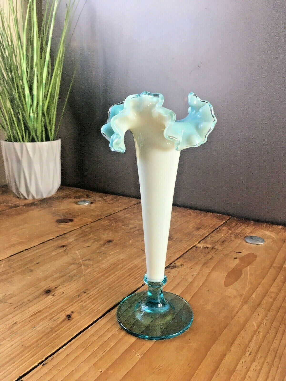 Antique 19th C Victorian Blue Milk Vaseline Glass Opalescent Ruffled Bud Vase photo furniture
