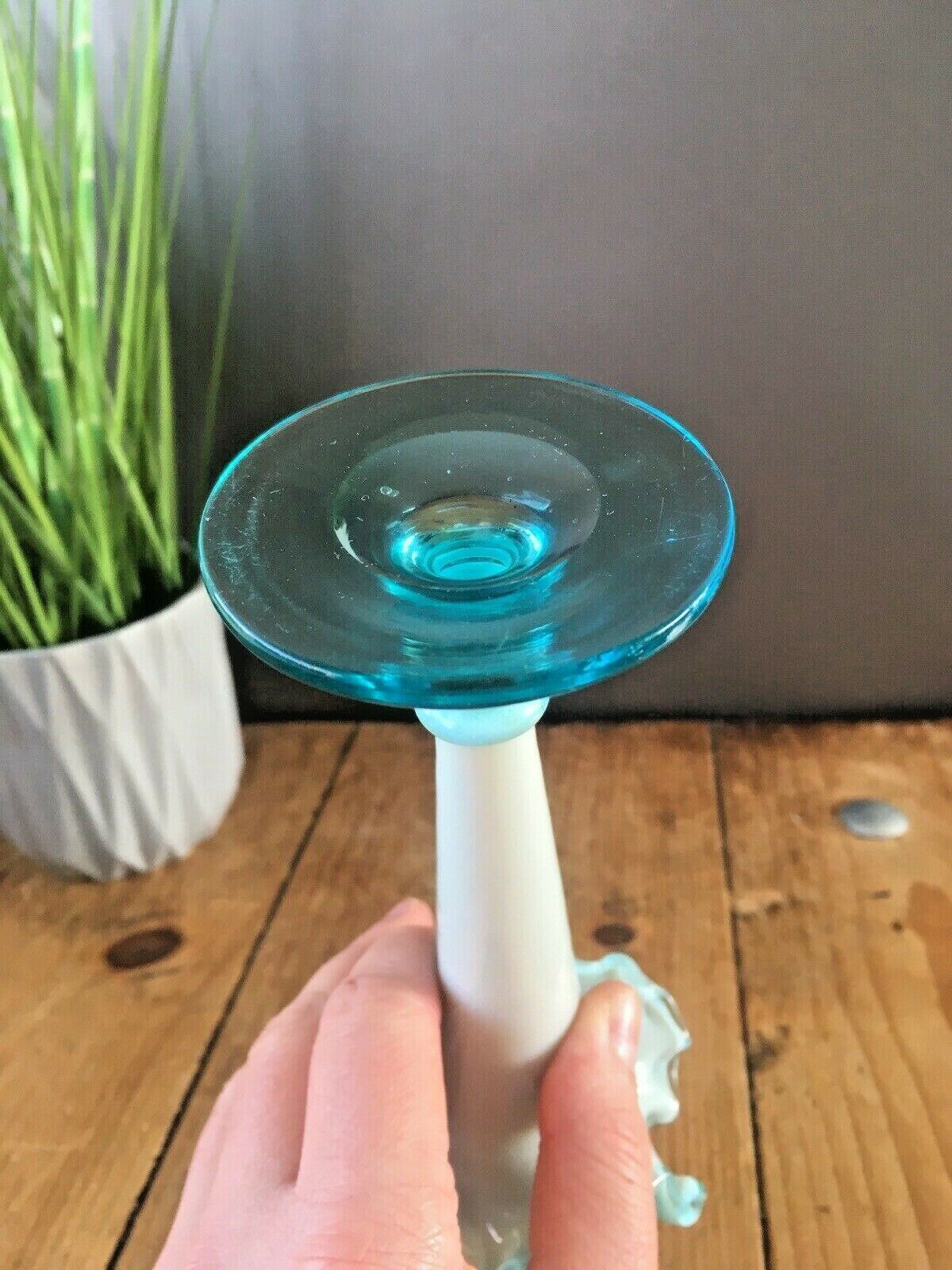 photo furniture Antique 19th C Victorian Blue Milk Vaseline Glass Opalescent Ruffled Bud Vase