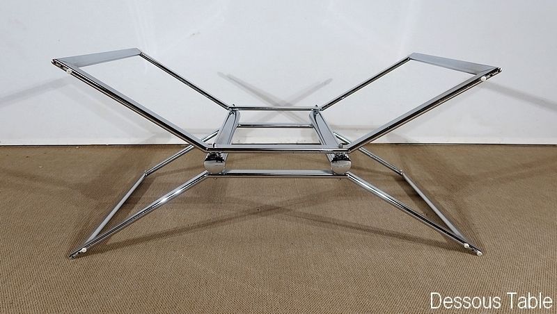 Furniture Modernist Table In Chromed Metal And Smoked Glass, 1970s photo