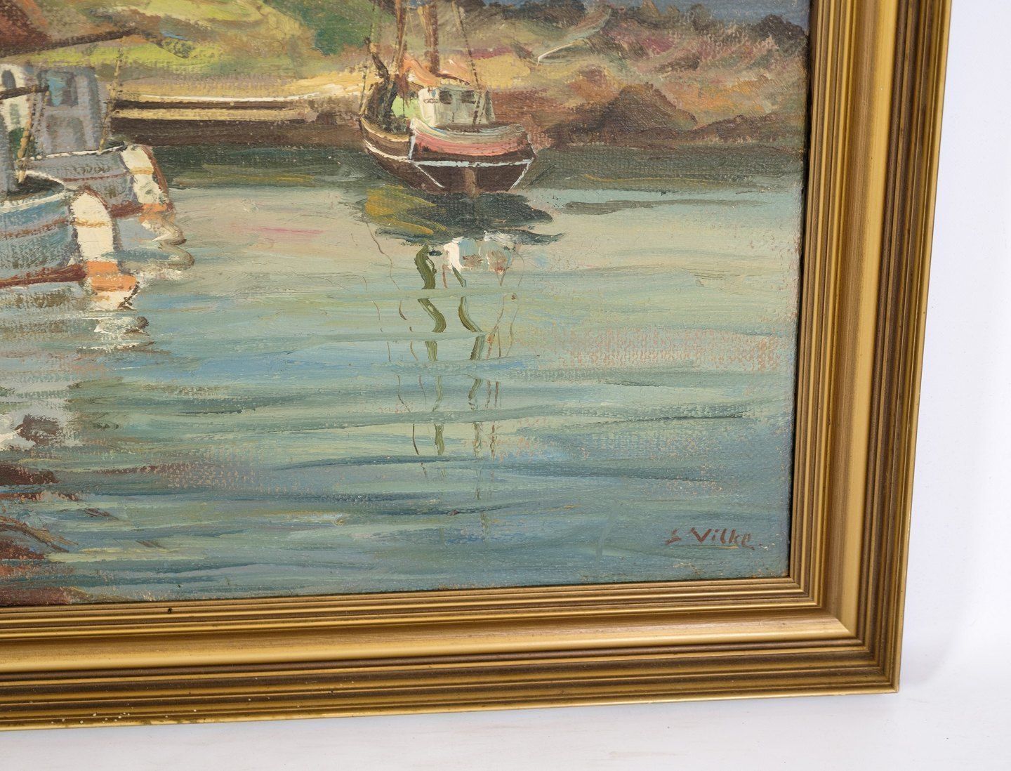 A Large Oil Painting On Canvas With Motif Of Fishing Boats Near Shore From 1930s. photo for sale
