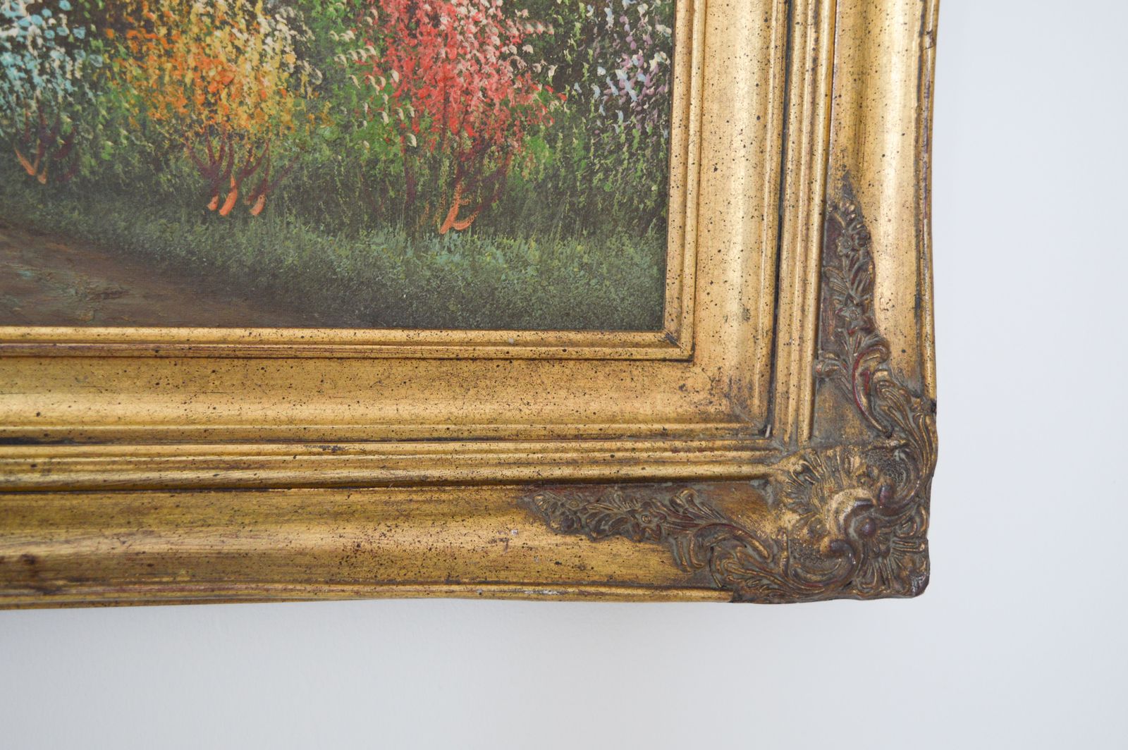 1960s Huge Oil Painting On Canvas, Ornate Gold Gilt Frame 110x80 Cm, Victorian Cottage Summer Garden, Ladies In Pink Dresses Picking Flowers photo buy
