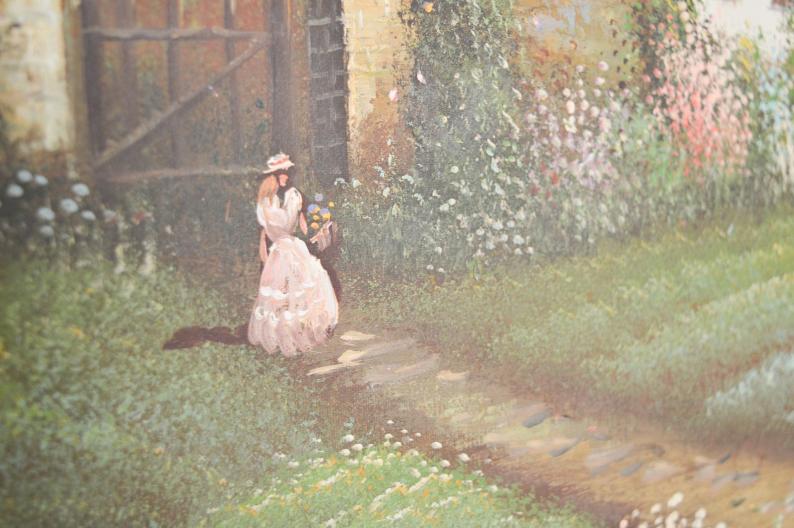 photo furniture 1960s Huge Oil Painting On Canvas, Ornate Gold Gilt Frame 110x80 Cm, Victorian Cottage Summer Garden, Ladies In Pink Dresses Picking Flowers