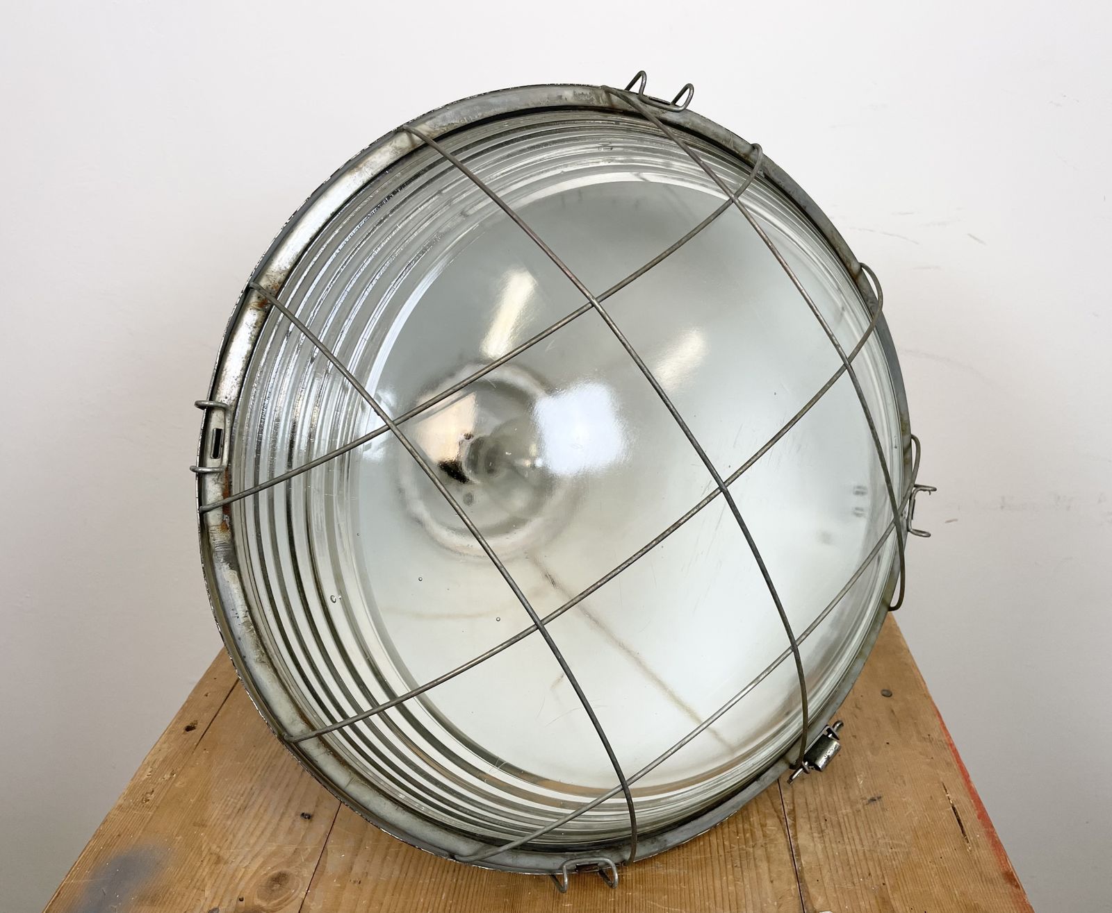 photo vintage Industrial Polish Factory Ceiling Lamp With Glass Cover From Mesko, 1990s, 8x