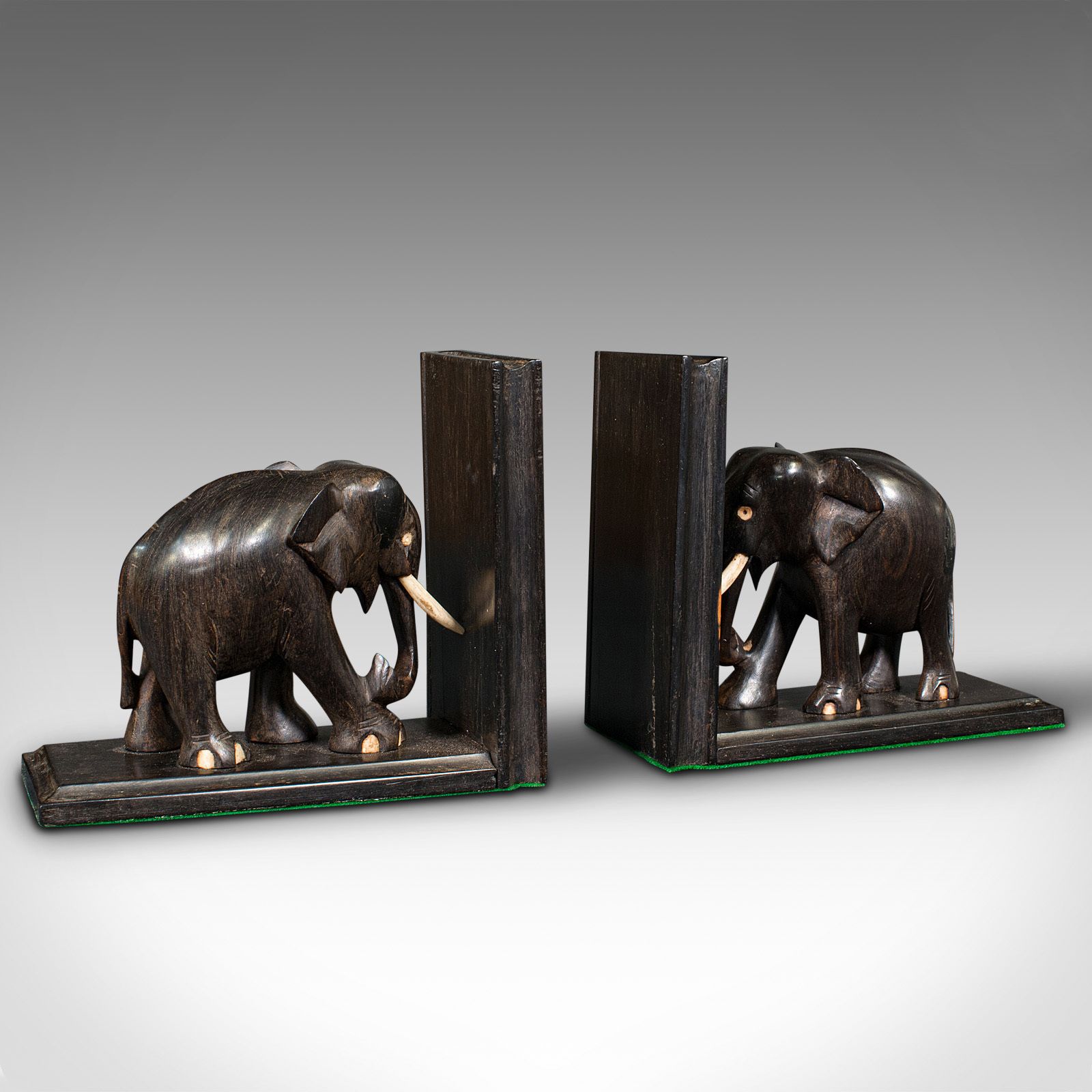 Pair Of Small Antique Elephant Bookends, Anglo Indian, Ebony, C.1890