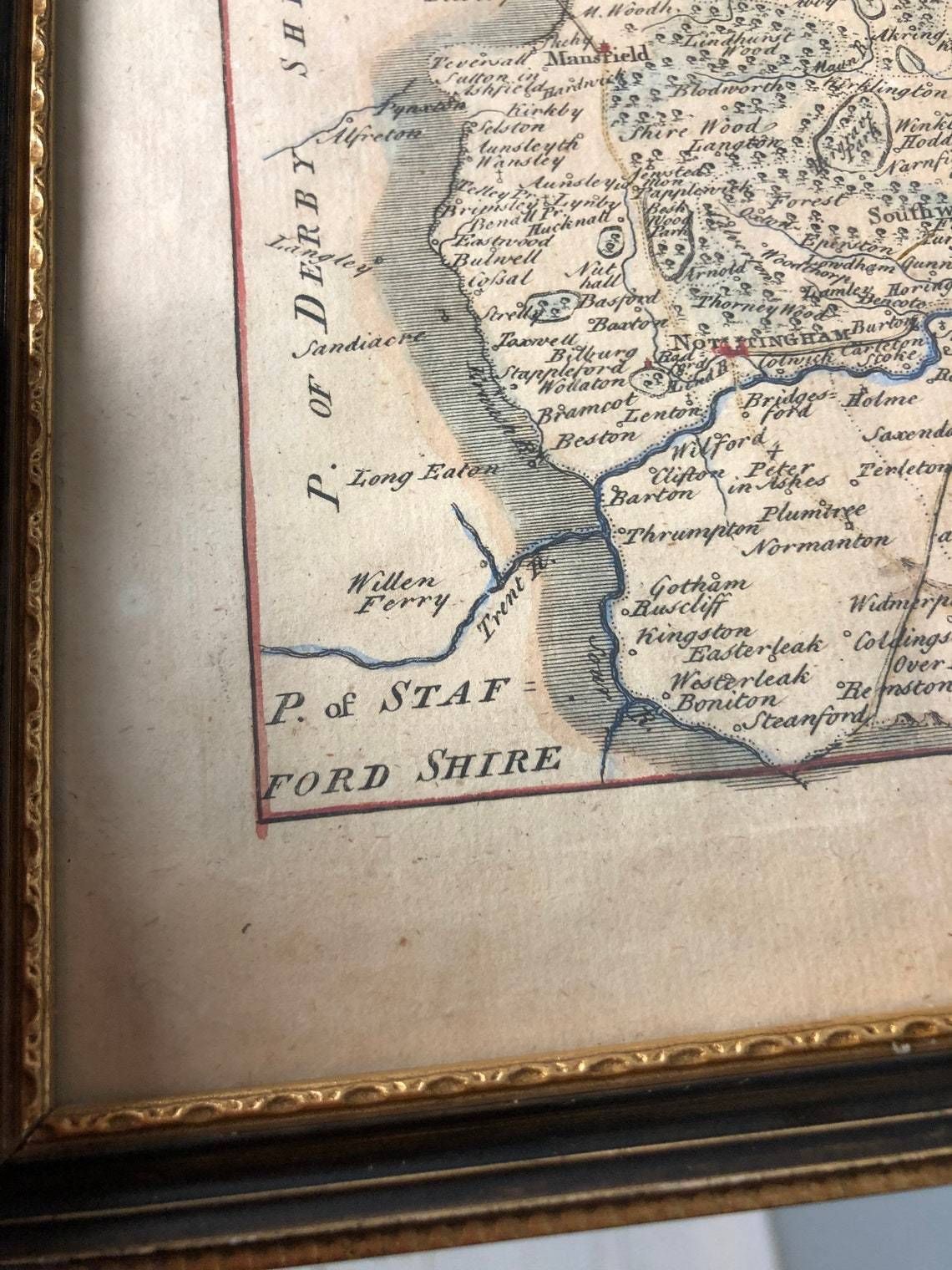 Antique Nottingham Shire Map By Thomas Read John Rocque 18th Century Hand Coloured In Hogarth Frame (Dd) photo for sale