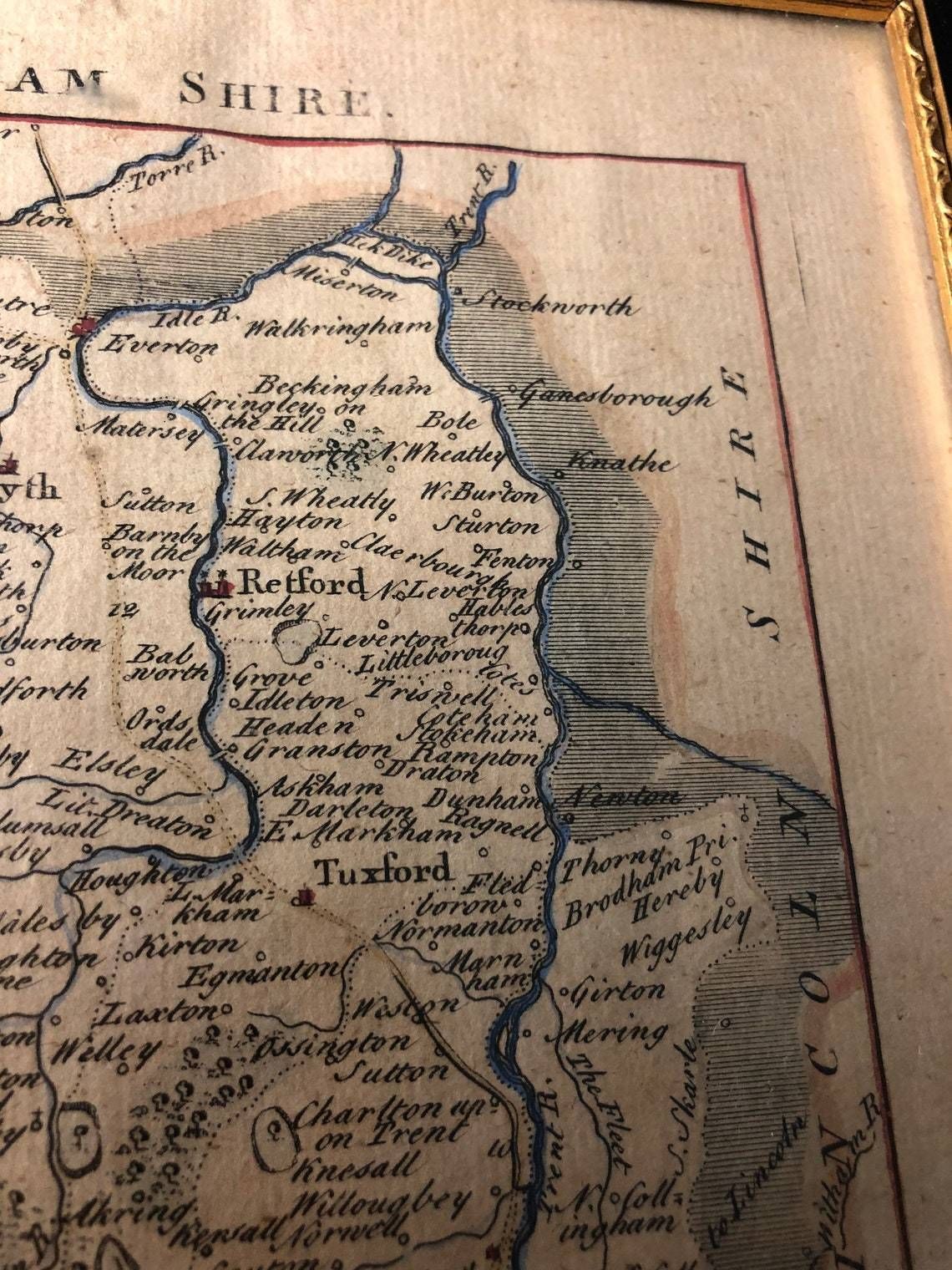 Antique Nottingham Shire Map By Thomas Read John Rocque 18th Century Hand Coloured In Hogarth Frame (Dd) photo vinterior