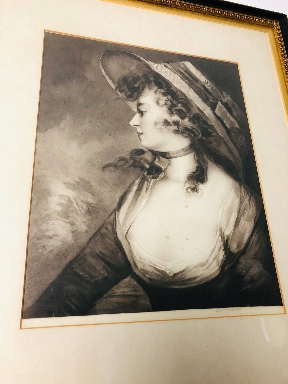 Countess Elizabeth Waldegrave Mezzotint Engraving Portrait John Hoppner Scott Bridgwater Antique Rare Large Hogarth Black Gold photo furniture