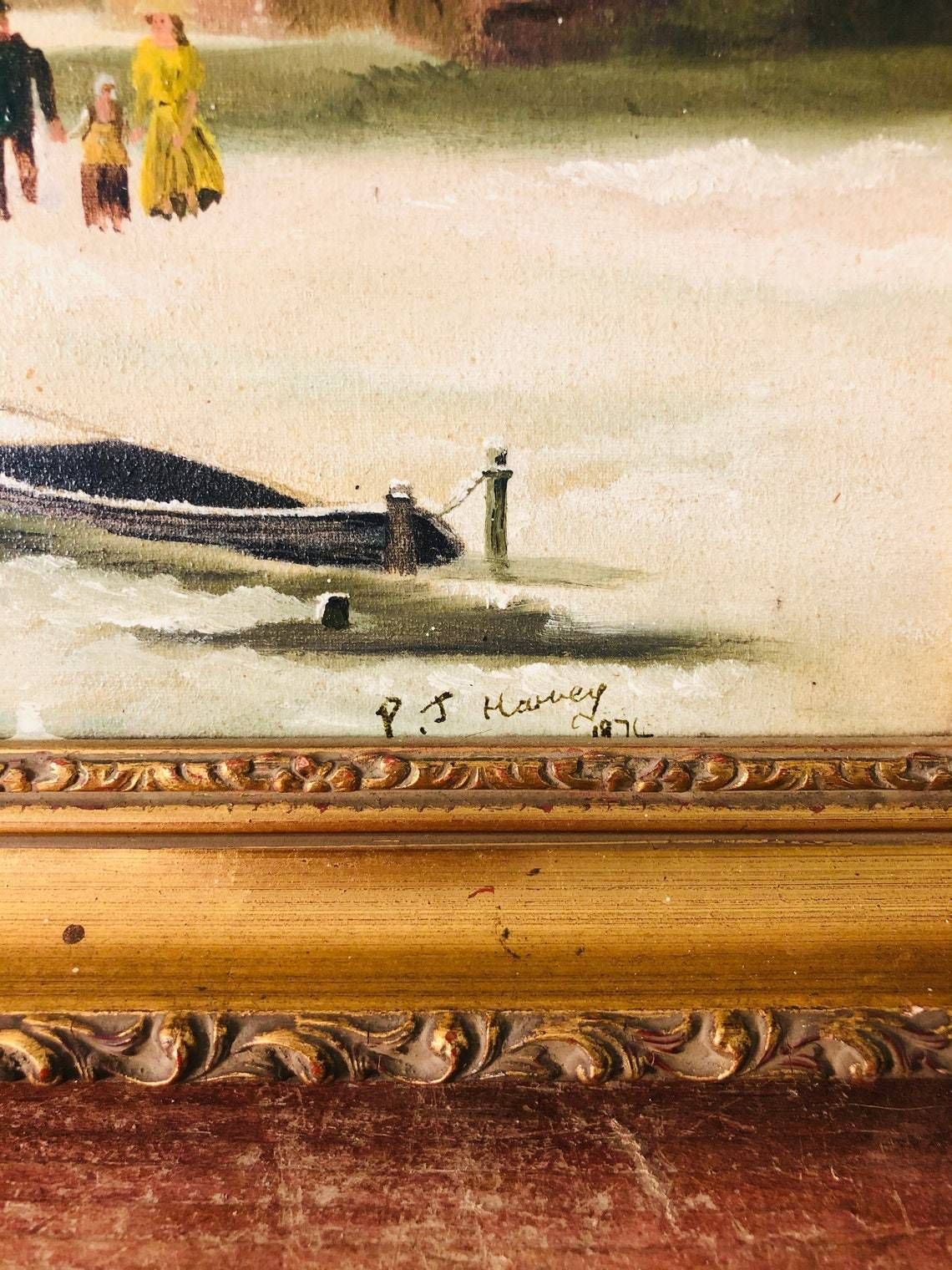 Winter Frozen Wintery Scene   Oil Painting In Gold Gilt Chunky Frame   River Snow Windmill (Hh) photo furniture
