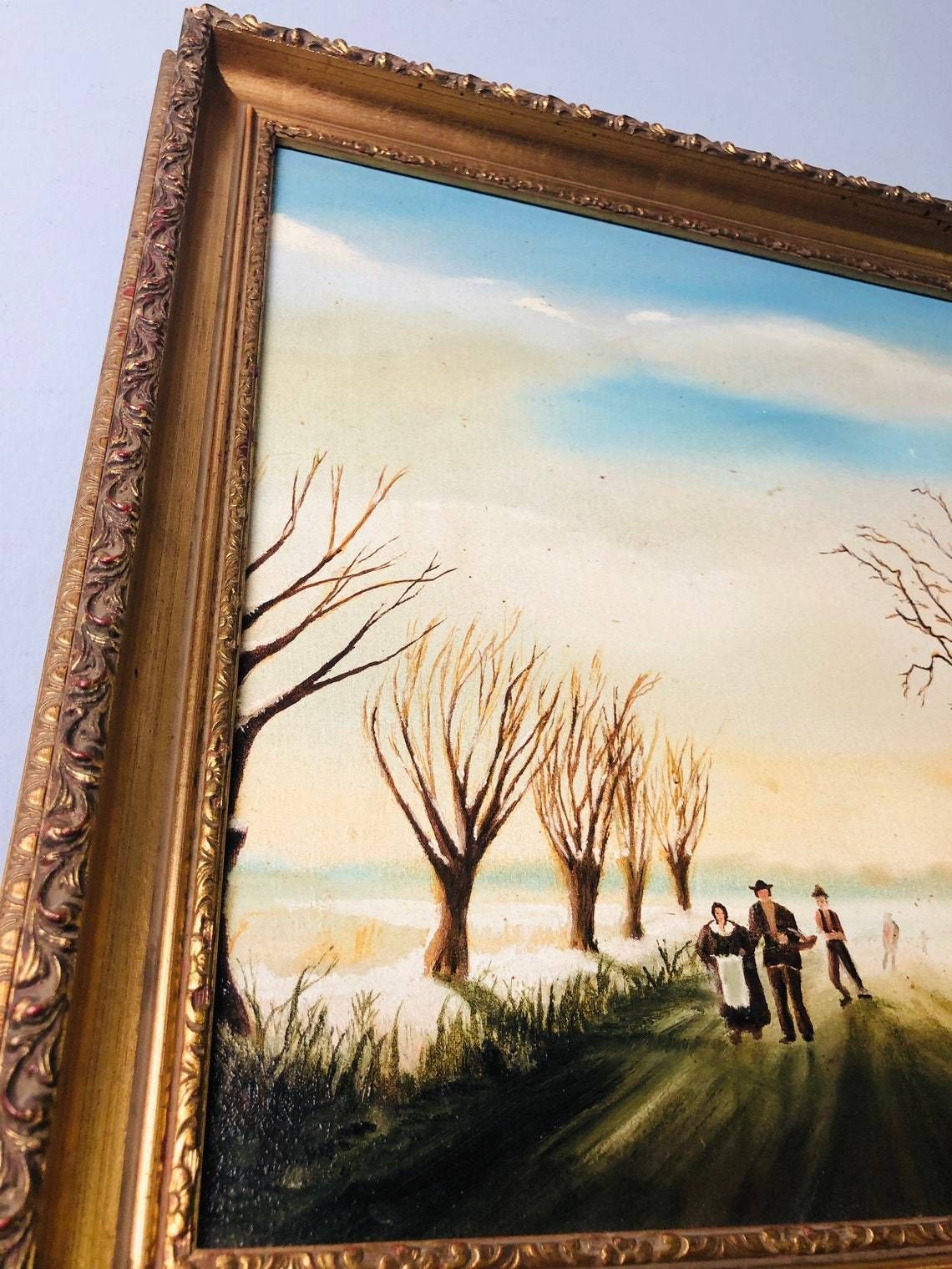 Winter Frozen Wintery Scene   Oil Painting In Gold Gilt Chunky Frame   River Snow Windmill (Hh) photo vinterior