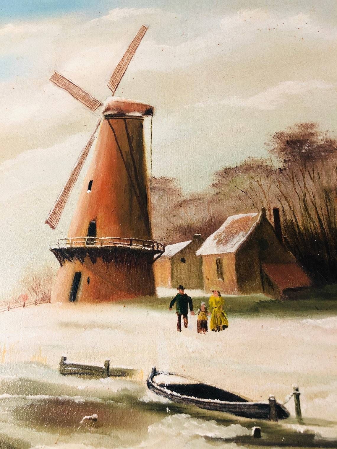 Winter Frozen Wintery Scene   Oil Painting In Gold Gilt Chunky Frame   River Snow Windmill (Hh) photo buy