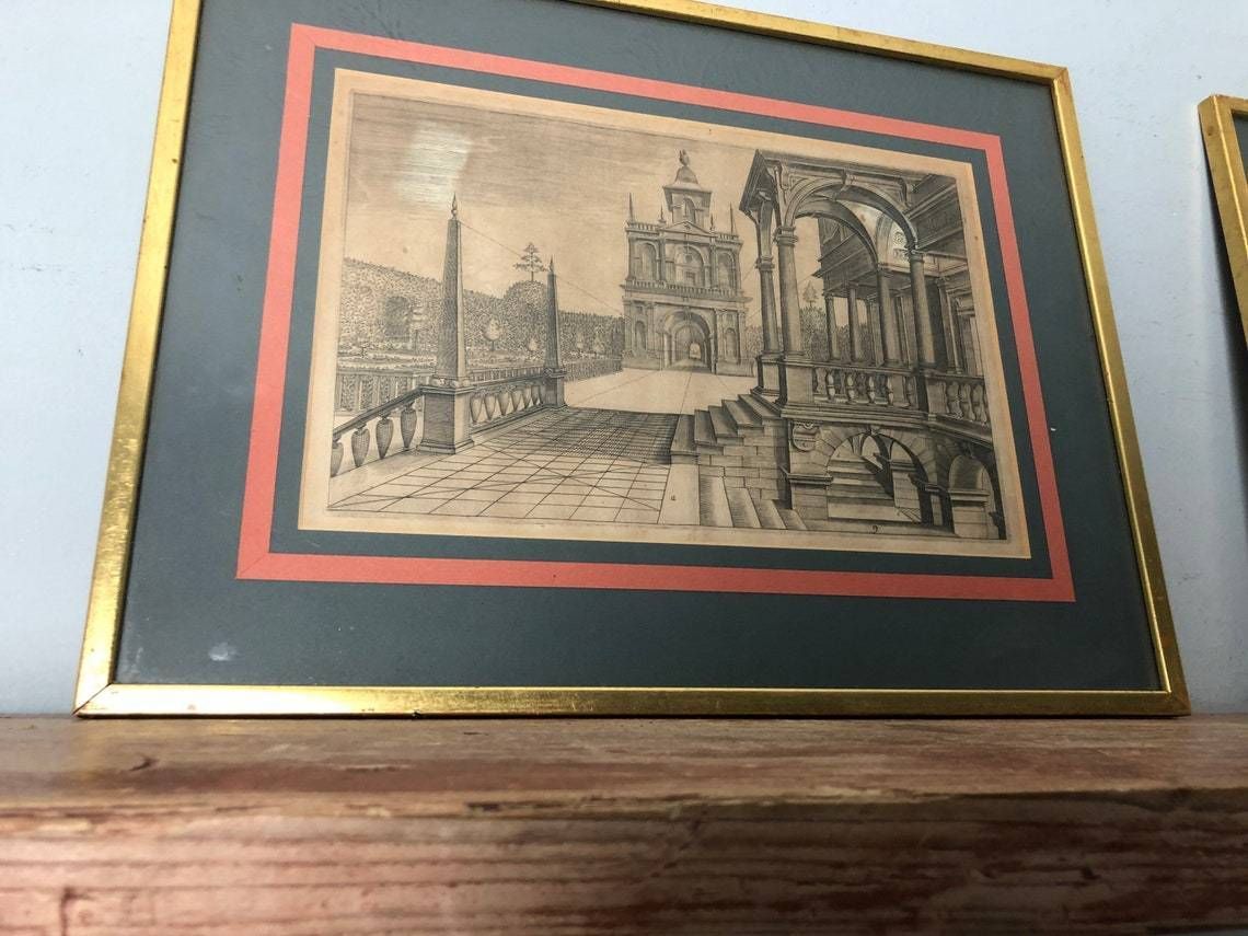 Antique Set Of 4 Henricus Hondius Linea Perspective 17th Century Engravings Renaissance Drawing Plans Rare Framed Prints (L) photo furniture