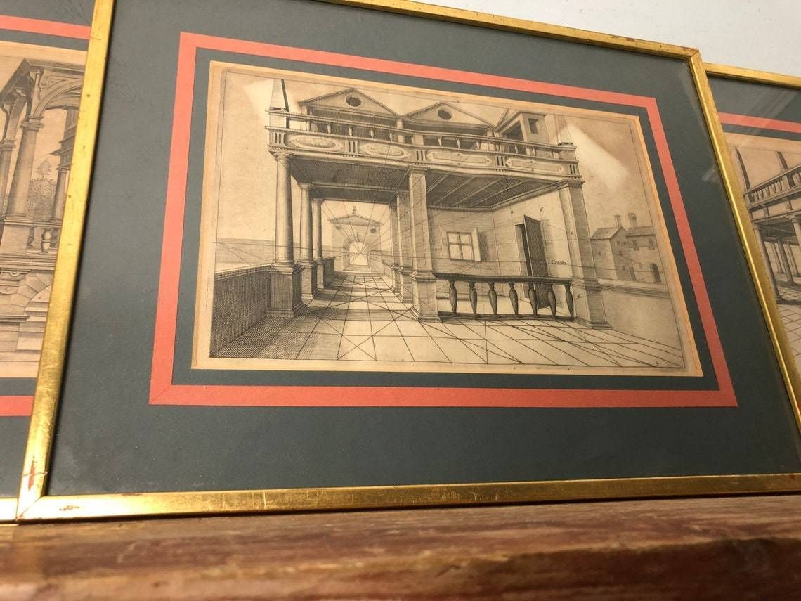 photo for sale Antique Set Of 4 Henricus Hondius Linea Perspective 17th Century Engravings Renaissance Drawing Plans Rare Framed Prints (L)
