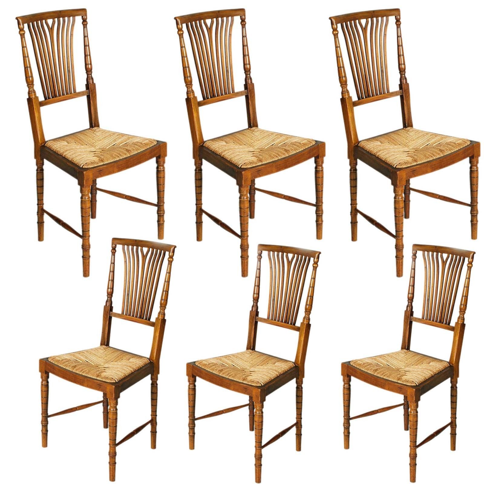Mid Century 1960s Set Six Chairs Chiavarine By Gaetano Descalzi , Strow Seat
