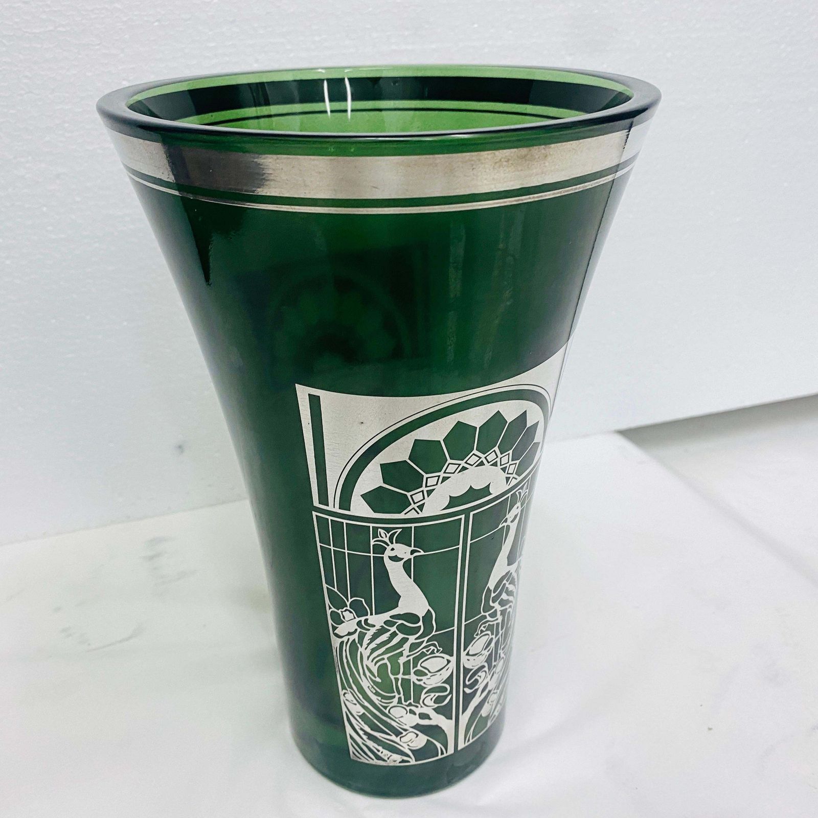1900 Art Nouveau Green Glass And Silver Italian Vase photo 323.0