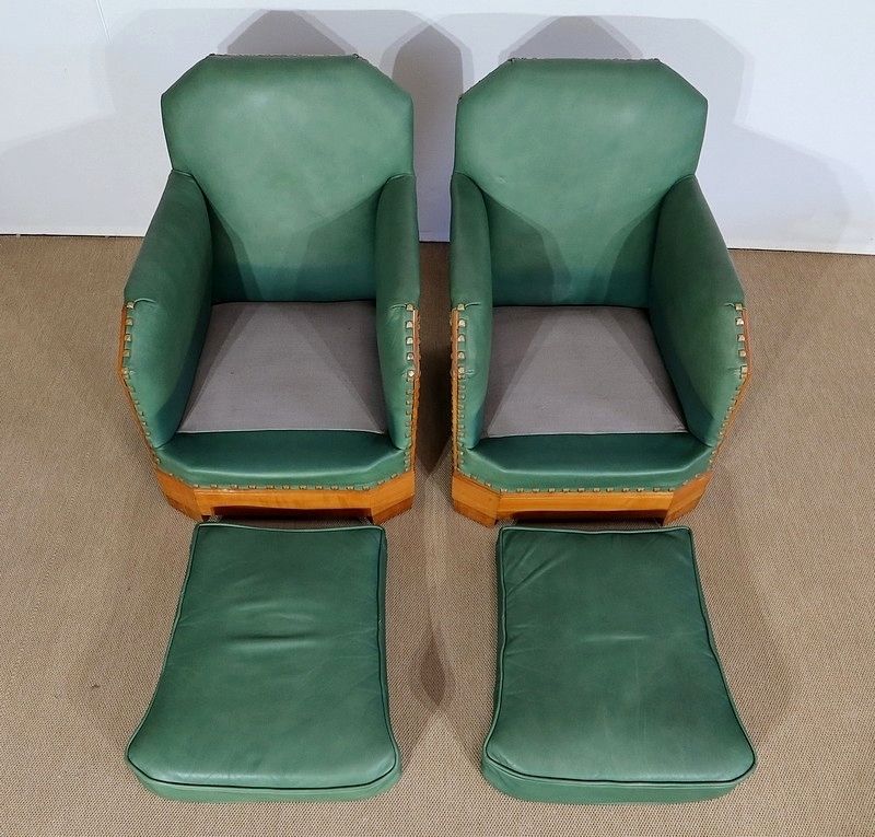photo vintage Pair Of Art Deco Armchairs In Solid Cherry, 1st Part Of The 20th Century