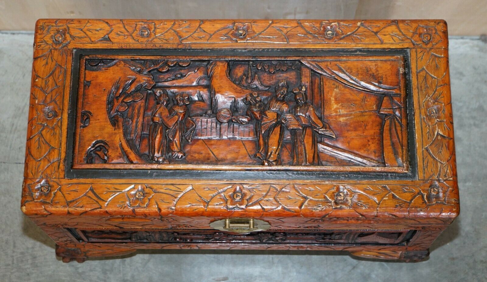 Antique Circa 1900 Hand Carved Chinese Camphor Wood Travelling Trunk Nice Finish photo Furniture