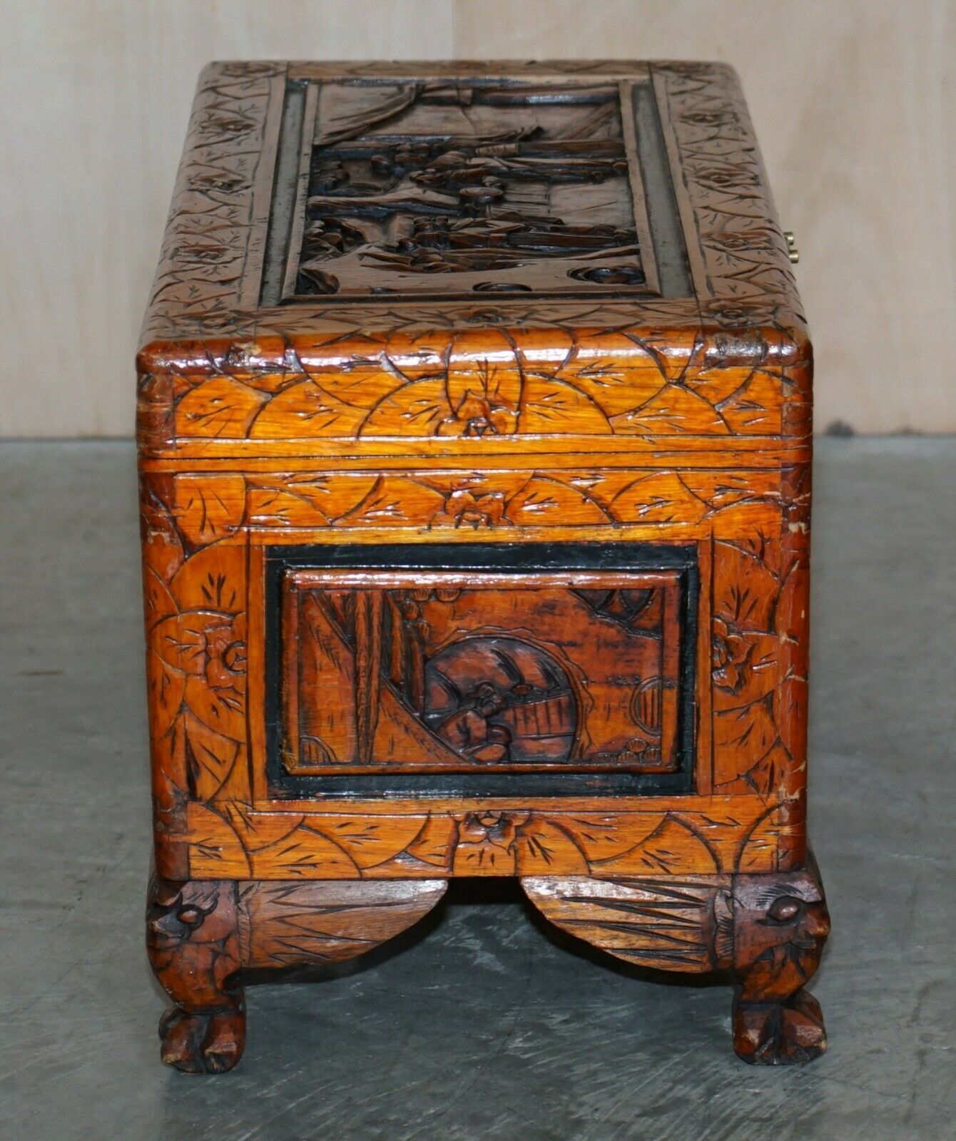 Antique Circa 1900 Hand Carved Chinese Camphor Wood Travelling Trunk Nice Finish photo vintage