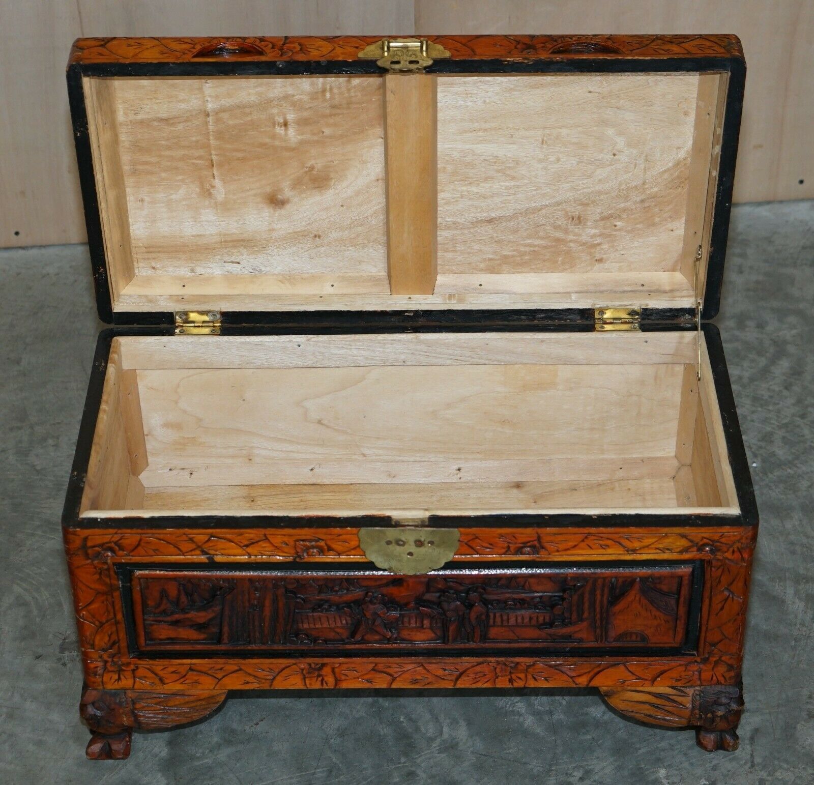 Furniture Antique Circa 1900 Hand Carved Chinese Camphor Wood Travelling Trunk Nice Finish photo