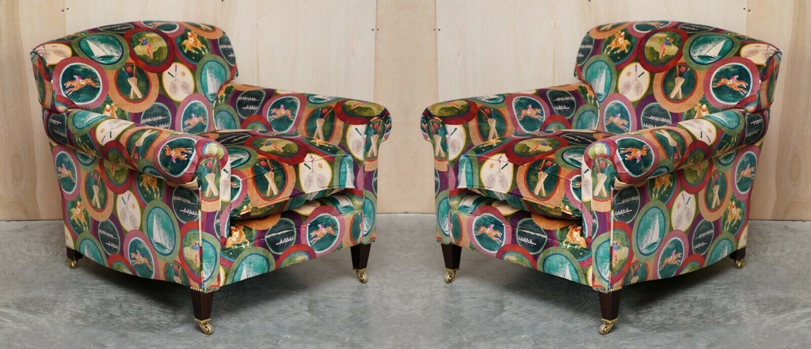 Pair Of New Mulberry Silk Velvet Sporting Life George Smith Scroll Arm Armchairs