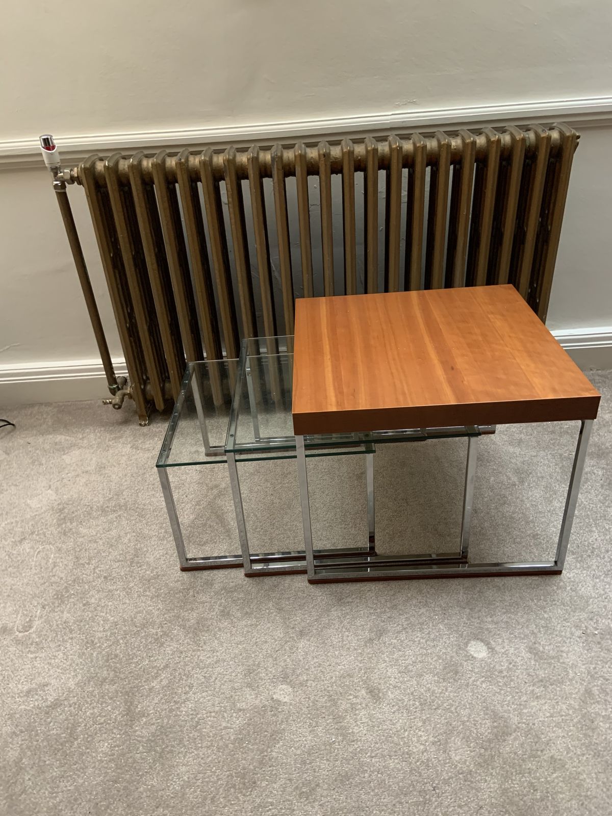Mid Century Teak Chrome & Glass Nest Of Tables