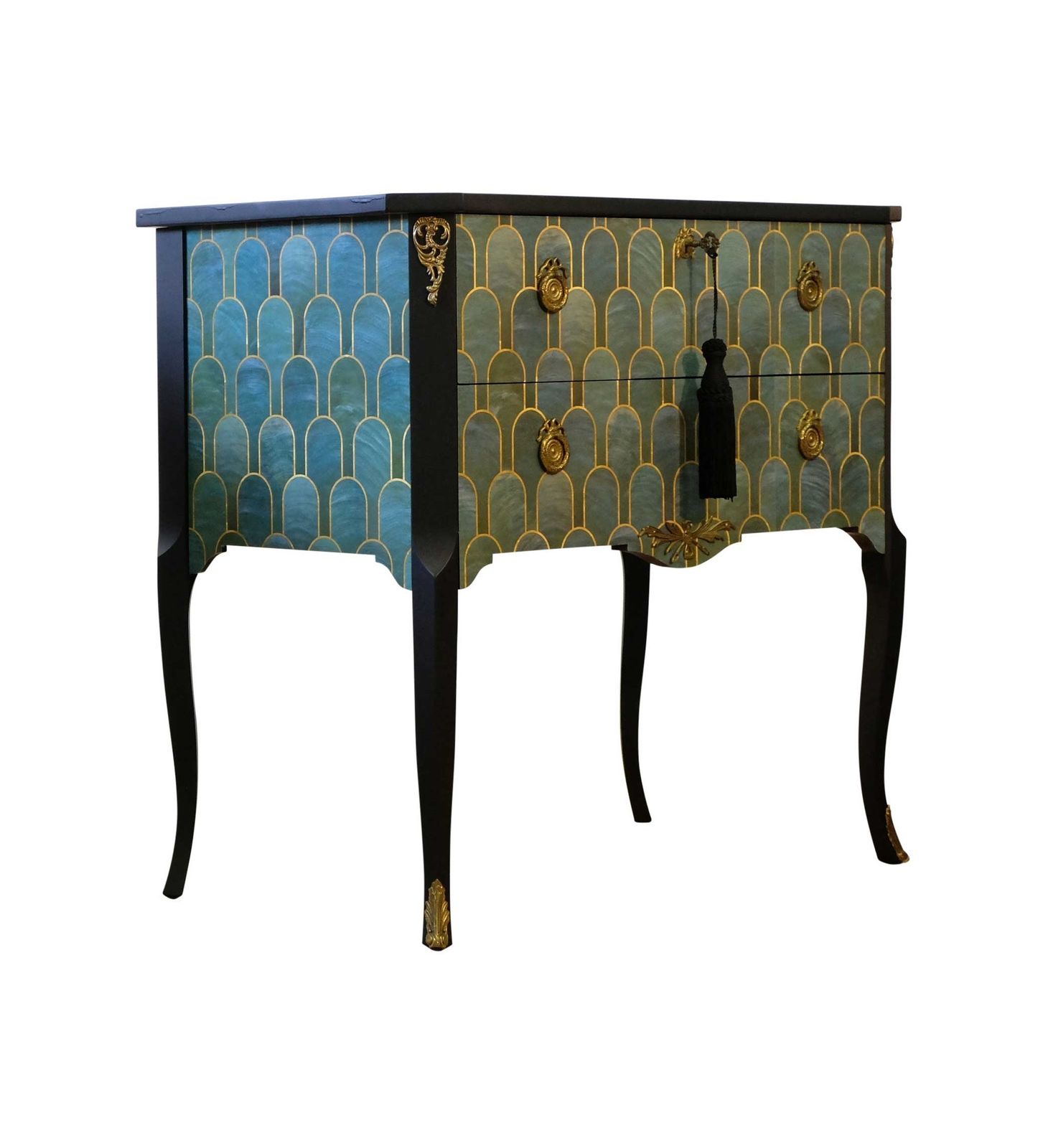 Gustavian Style Commode With Art Deco Green & Gold Design photo for sale