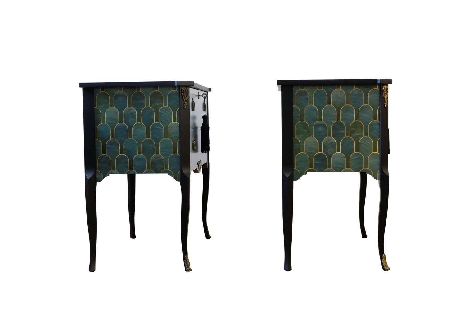 Gustavian Style Commode With Art Deco Green & Gold Design   Pair photo vintage