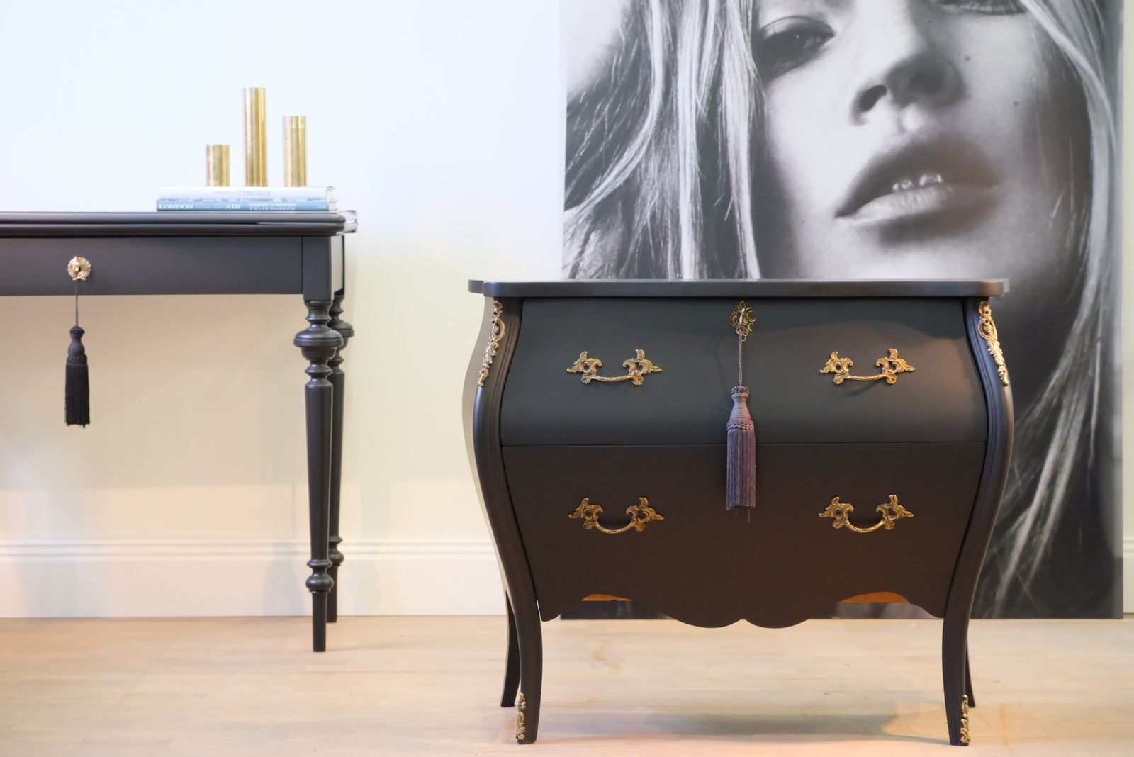 Rococo Two Drawer Chest In Classic Black With Marble Top photo for sale