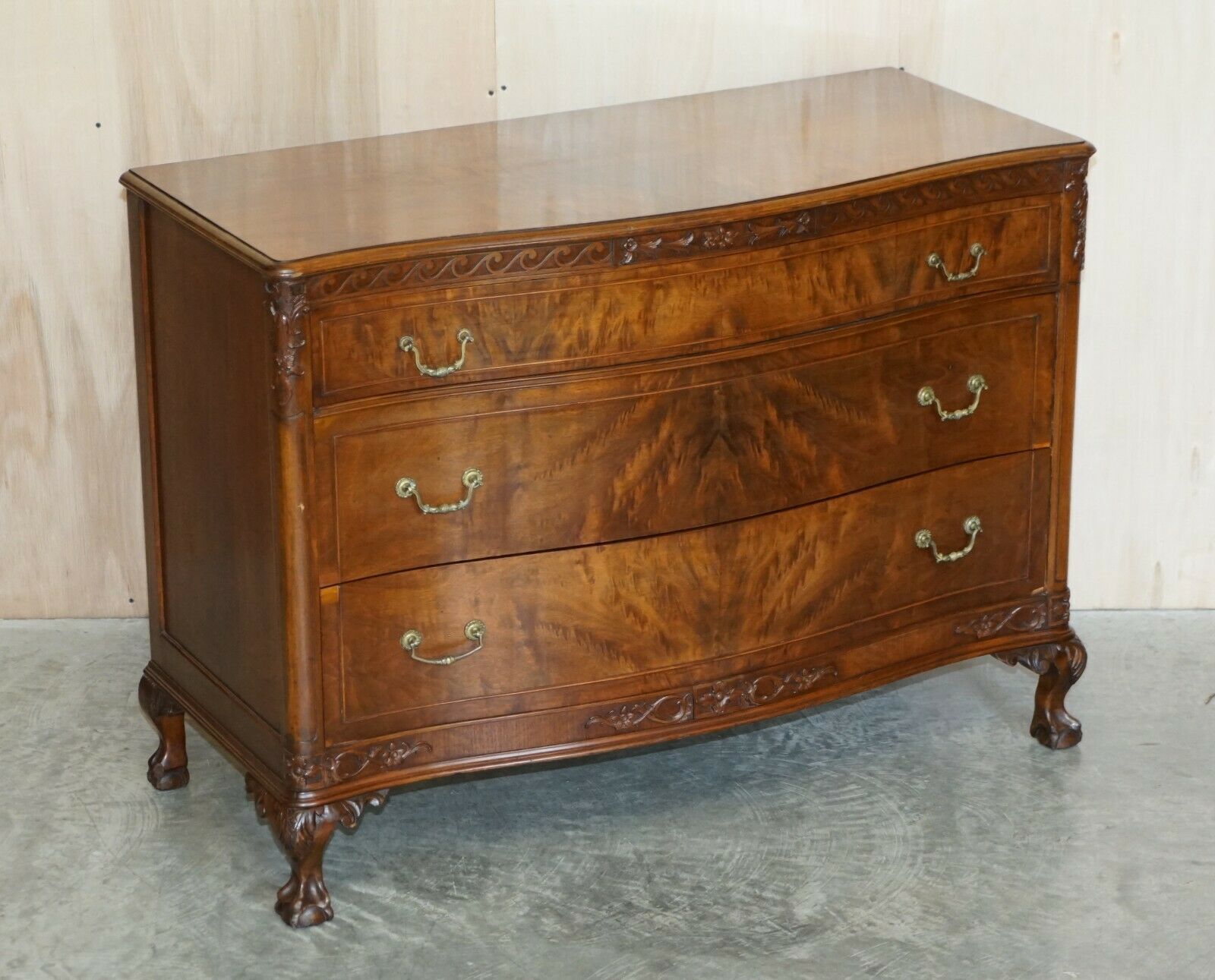 Antique Serpentine Fronted Claw & Ball Feet Flamed Mahogany Chest Of Drawers photo furniture