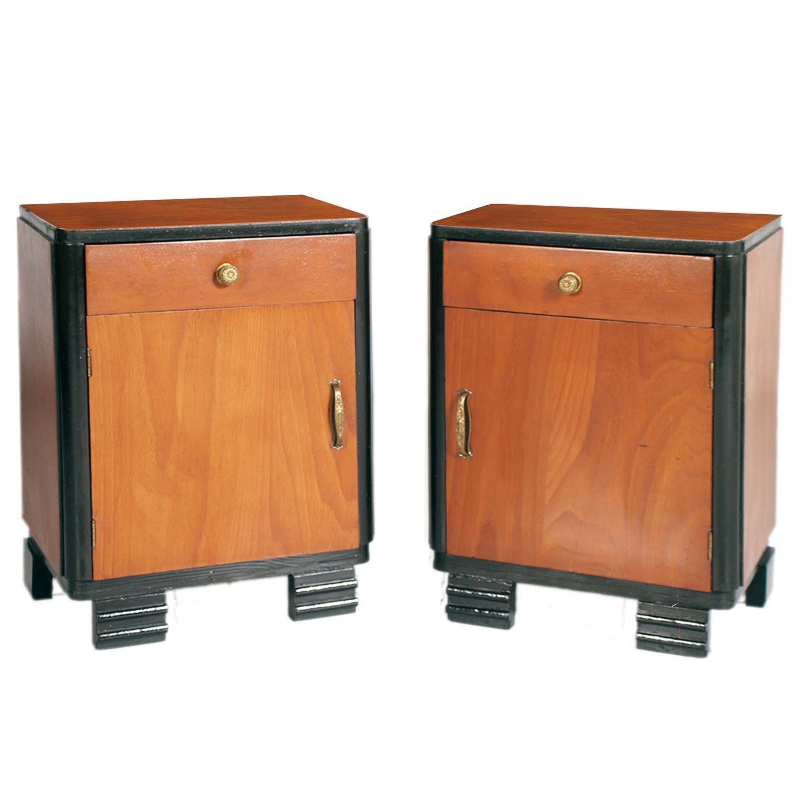 Art Deco Nachtkastjes Uit De Jaren 1920, Geëboniseerd Walnoot, Walnootblad, Gerestaureerd