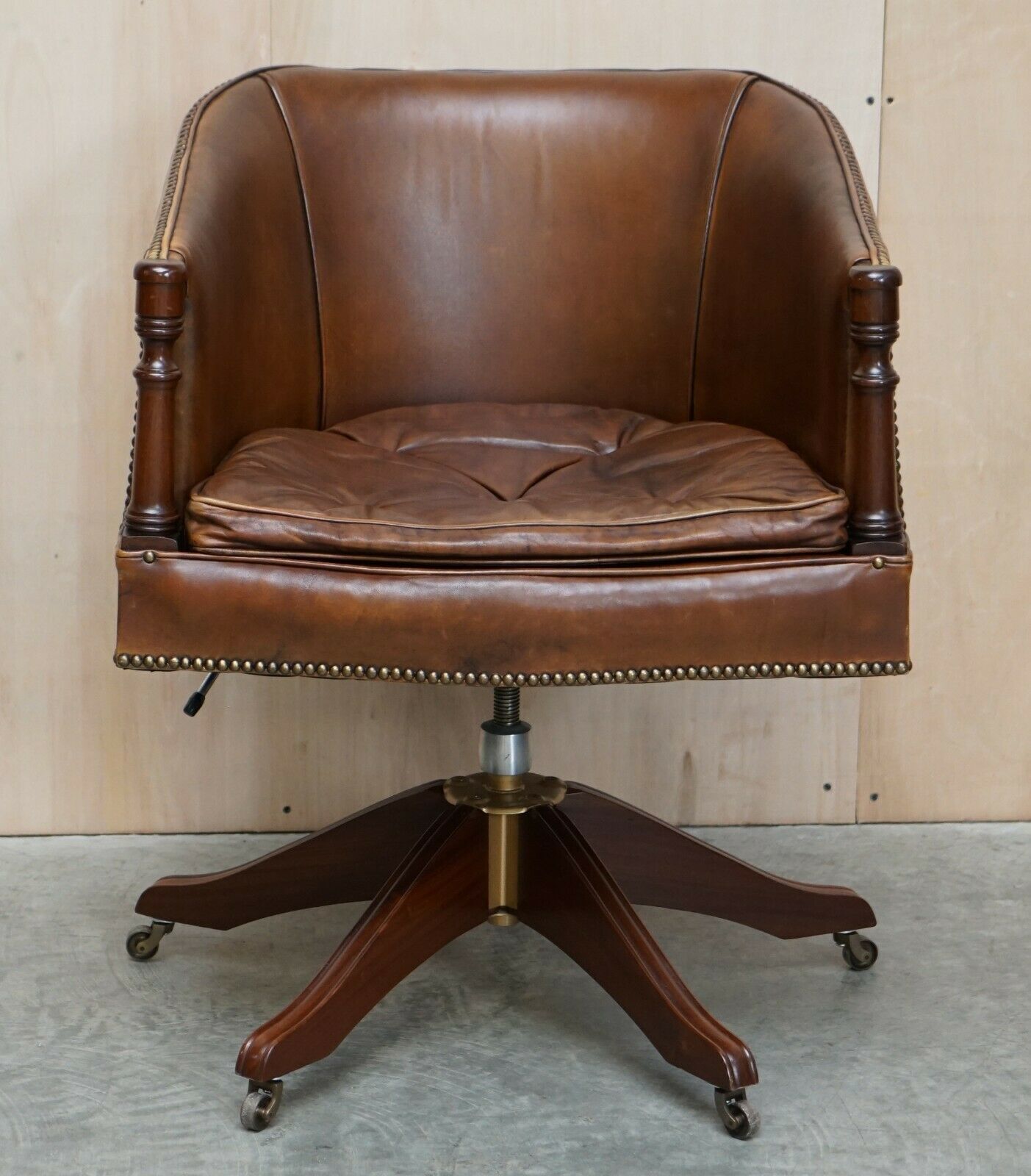 Vintage Hand Dyed Aged Brown Leather Captains Swivel Armchair Chesterfield Seat photo furniture